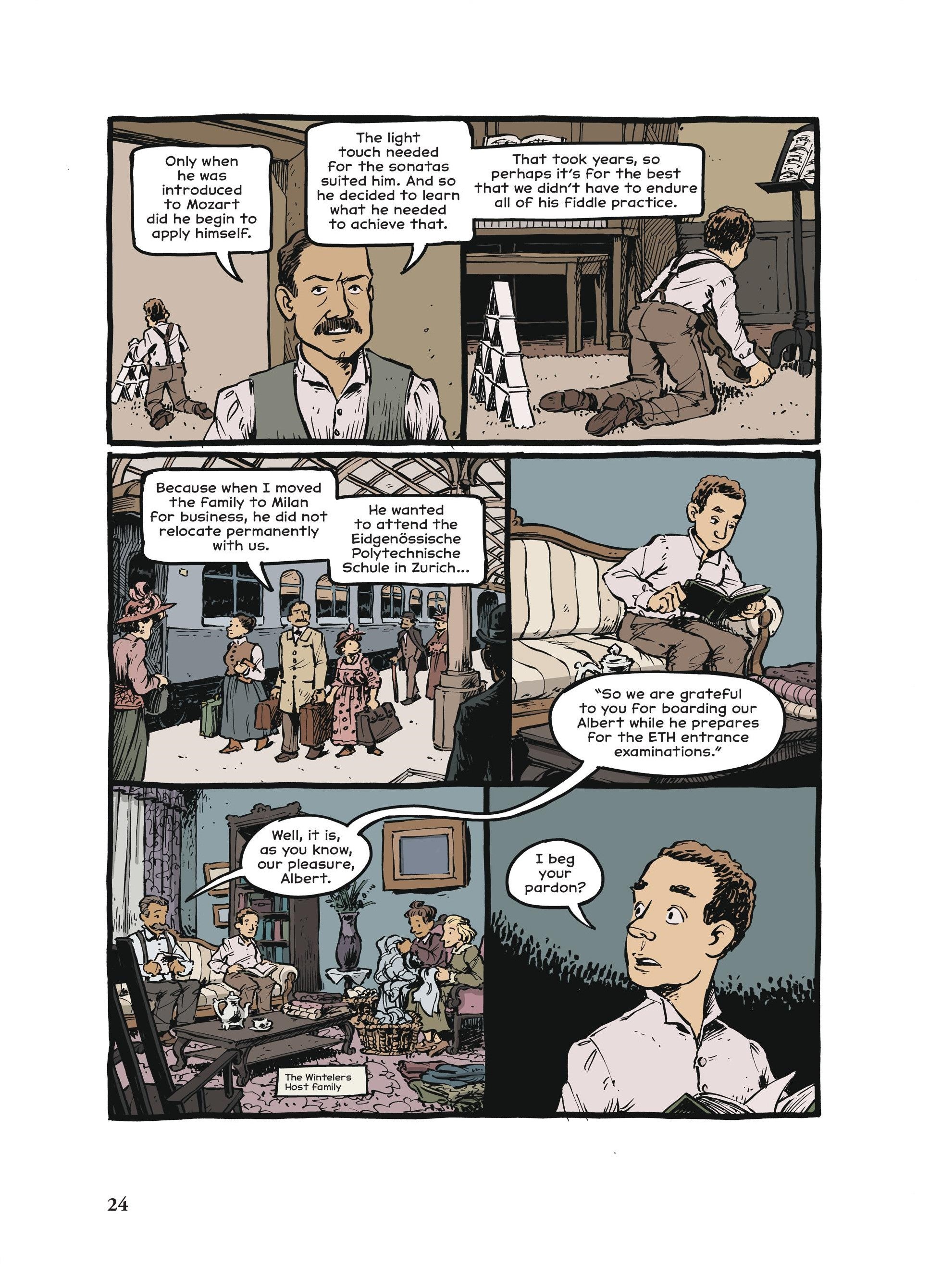 Comics page featuring Einstein's father saying that he did not relocate with the family, so he could attend a specific school,and Einstein being distracted as his host family speaks to him
