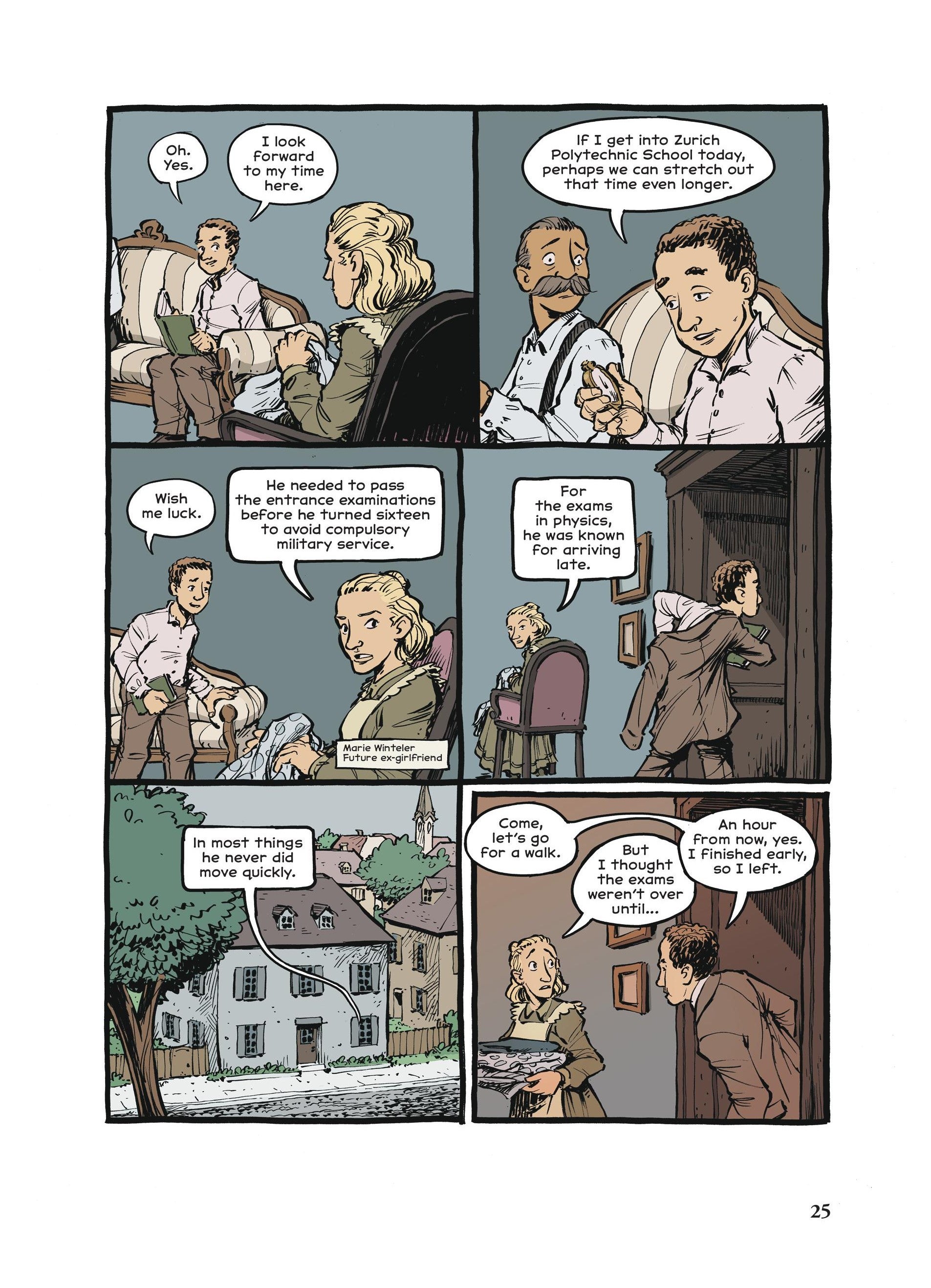 Comics page featuring Einstein talking about passing a test, arriving late, and leaving early