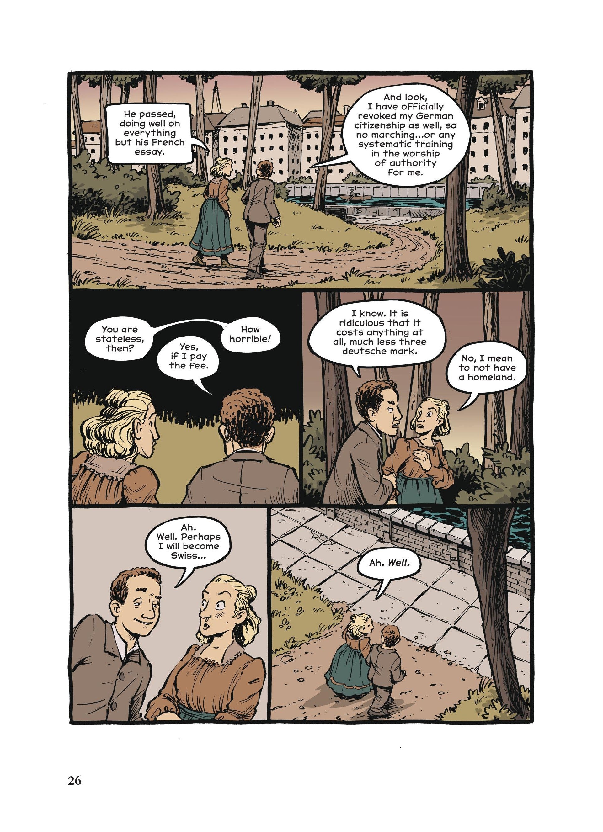 Comics page featuring Albert Einstein talking about his renouncing of Germany as a home country