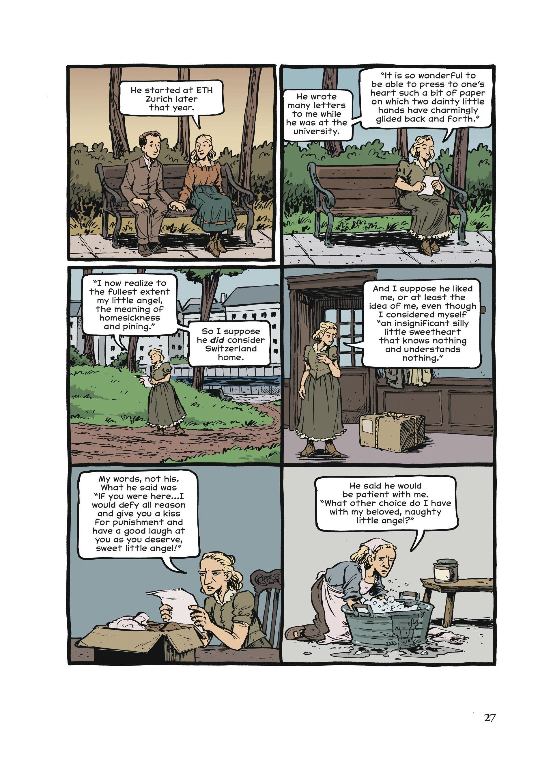 Interior comics page featuring Maria Winteler speaking to Einstein and then to the audience, reading his letters
