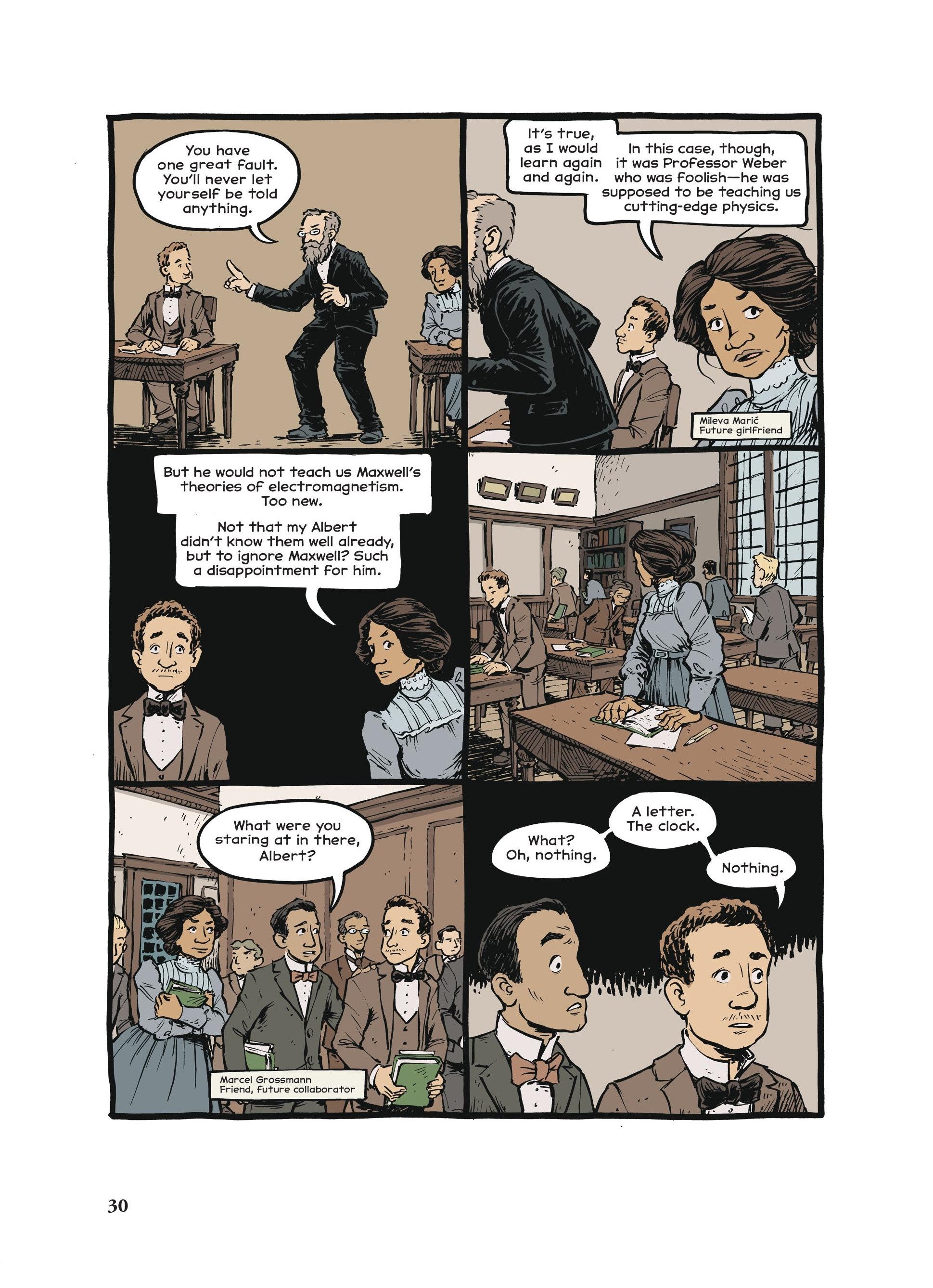 Comics page featuring Einstein being reprimanded by a professor, as Mileva Maric explains the situation to the reader