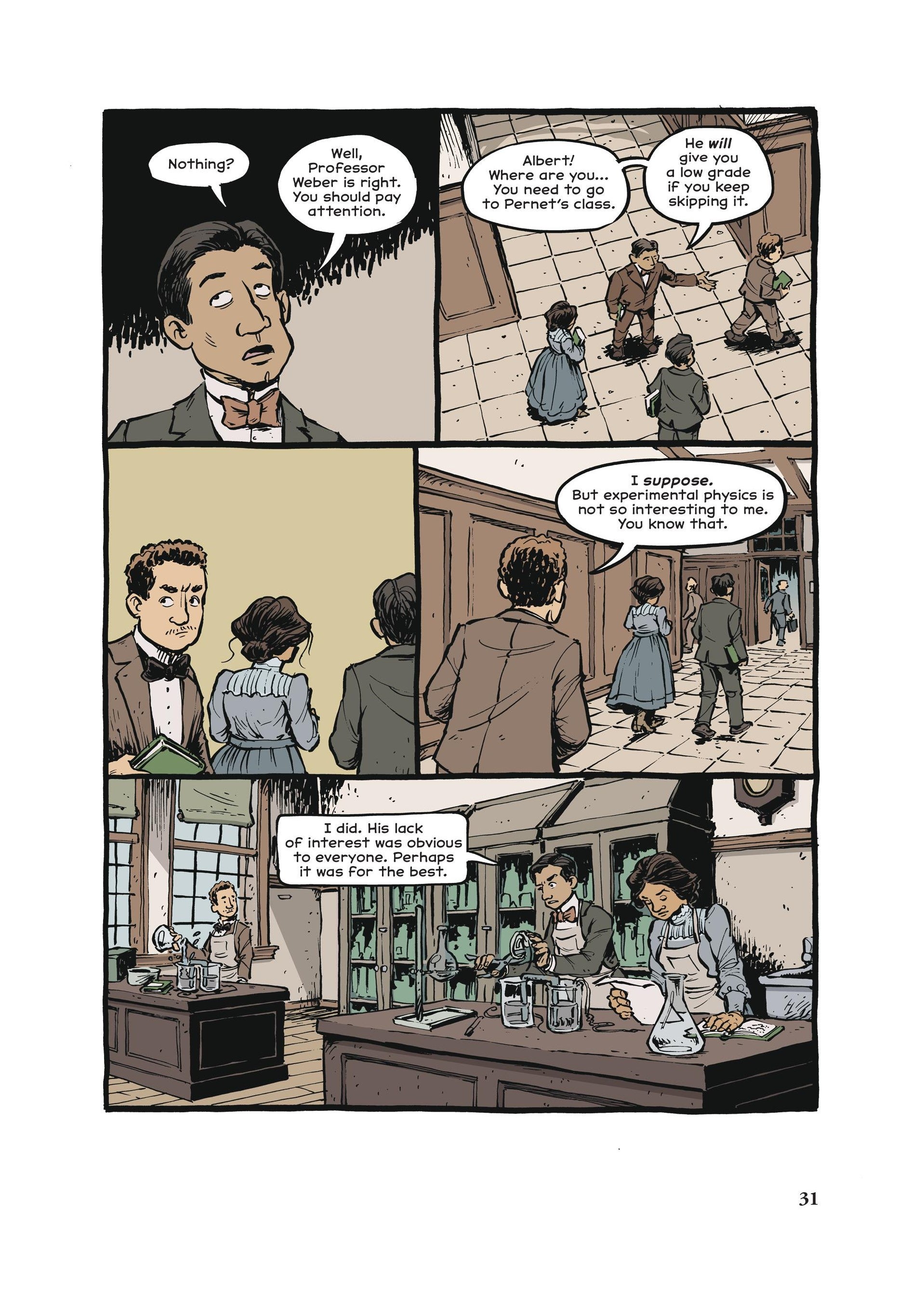 Comics page, Marcel Grossman encourages Einstein to attend an experimental physics class