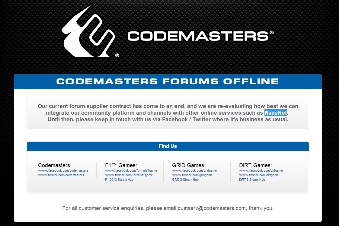 Image for Codemasters forum goes offline