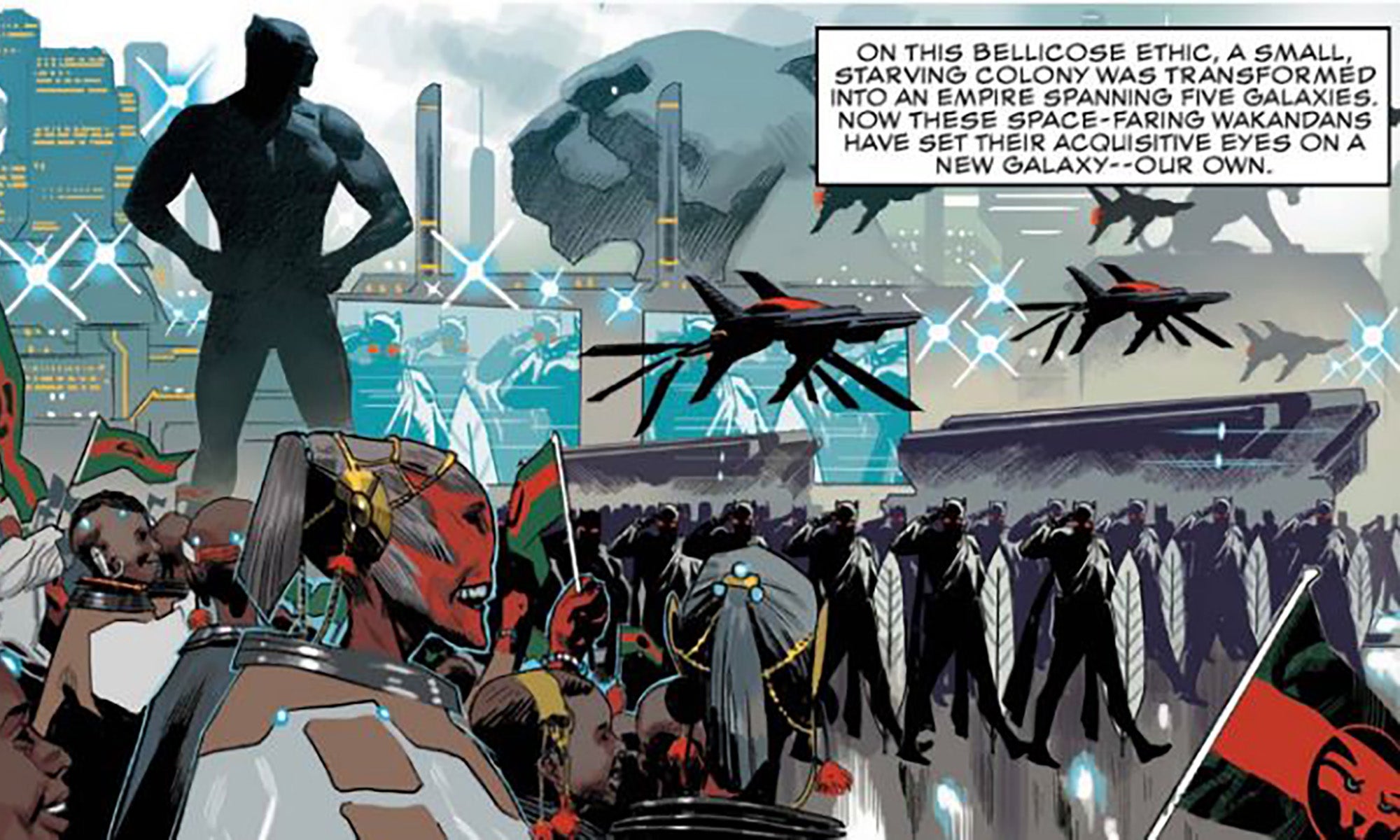 An alien army marches through a metropolis with giant panther statues erect.