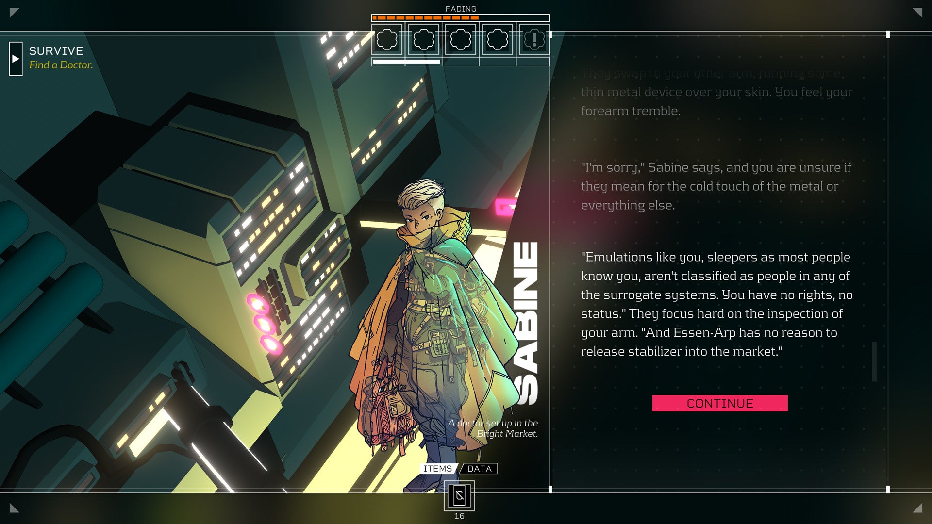 2022 best games Citizen Sleeper - a character called Sabine talks to you, with their comic-style character art central, and dialogue to the right, space station background to the left