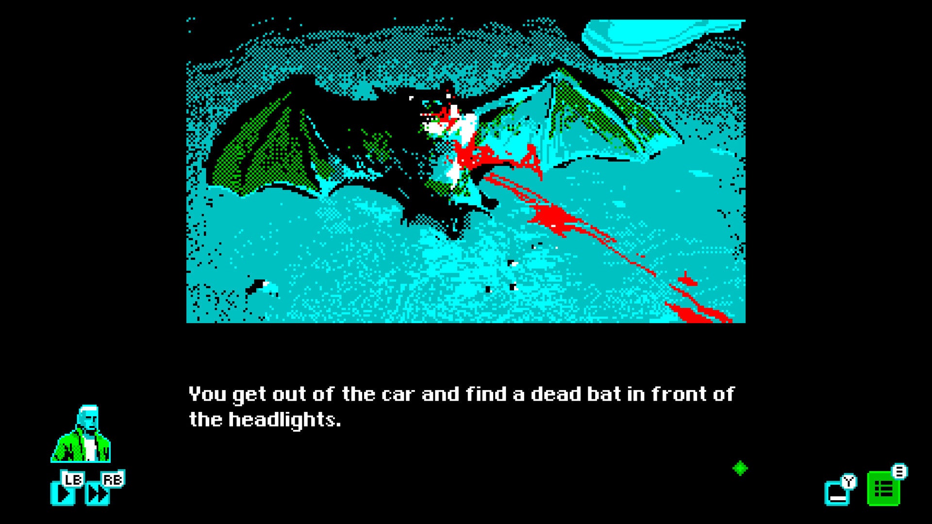 2022 best games Mothmen 1966 - in CGA style, a bat in turqoise hue with a splat of red blood is displayed, with descriptive text underneath explaining that you get out of your car to find it