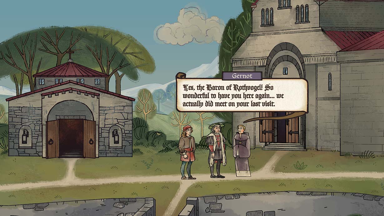 2022 best games Pentiment - your character chats with a monk called Gernot outside a chapel, all drawn in medieval illustration style with medieval fonts