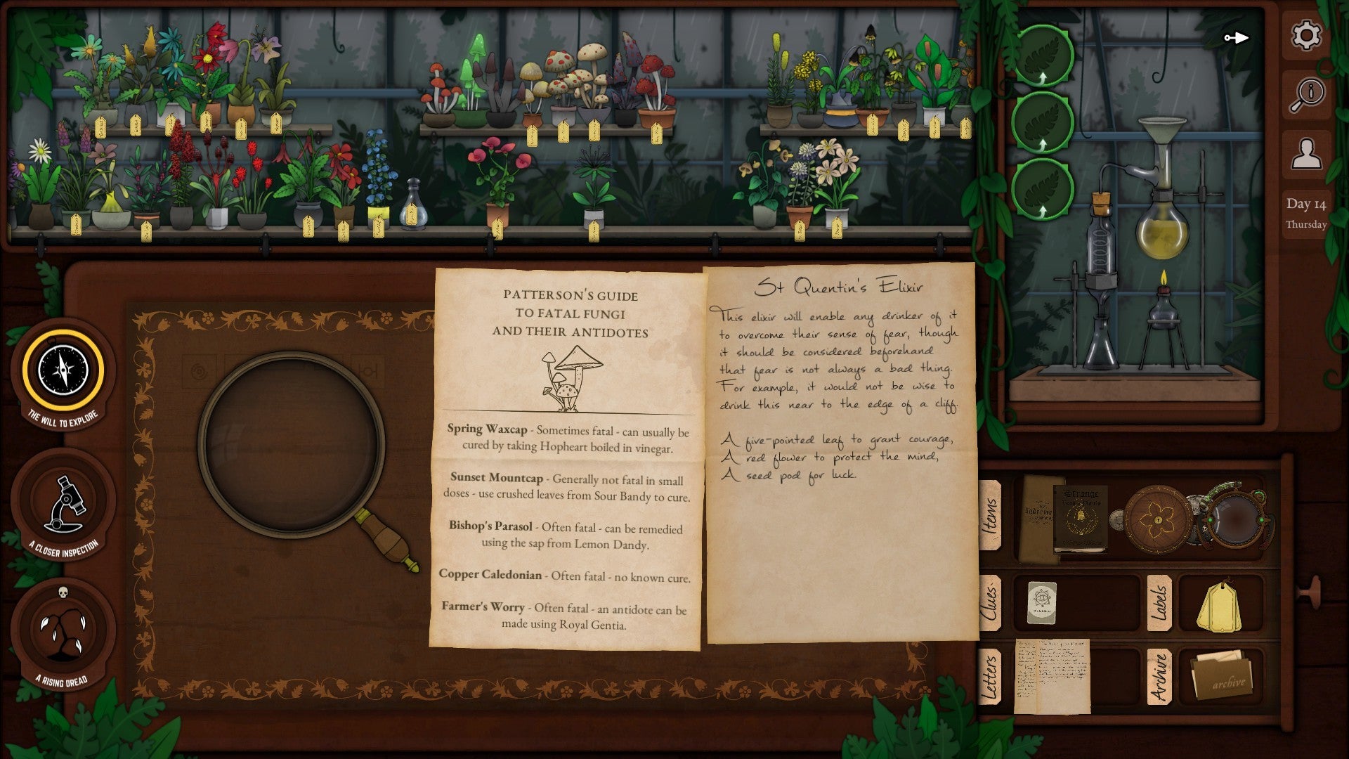 2022 best games Strange Horticulture - a book of notes on plants and magnifying glass in the foreground, with a shop full of plants in the background