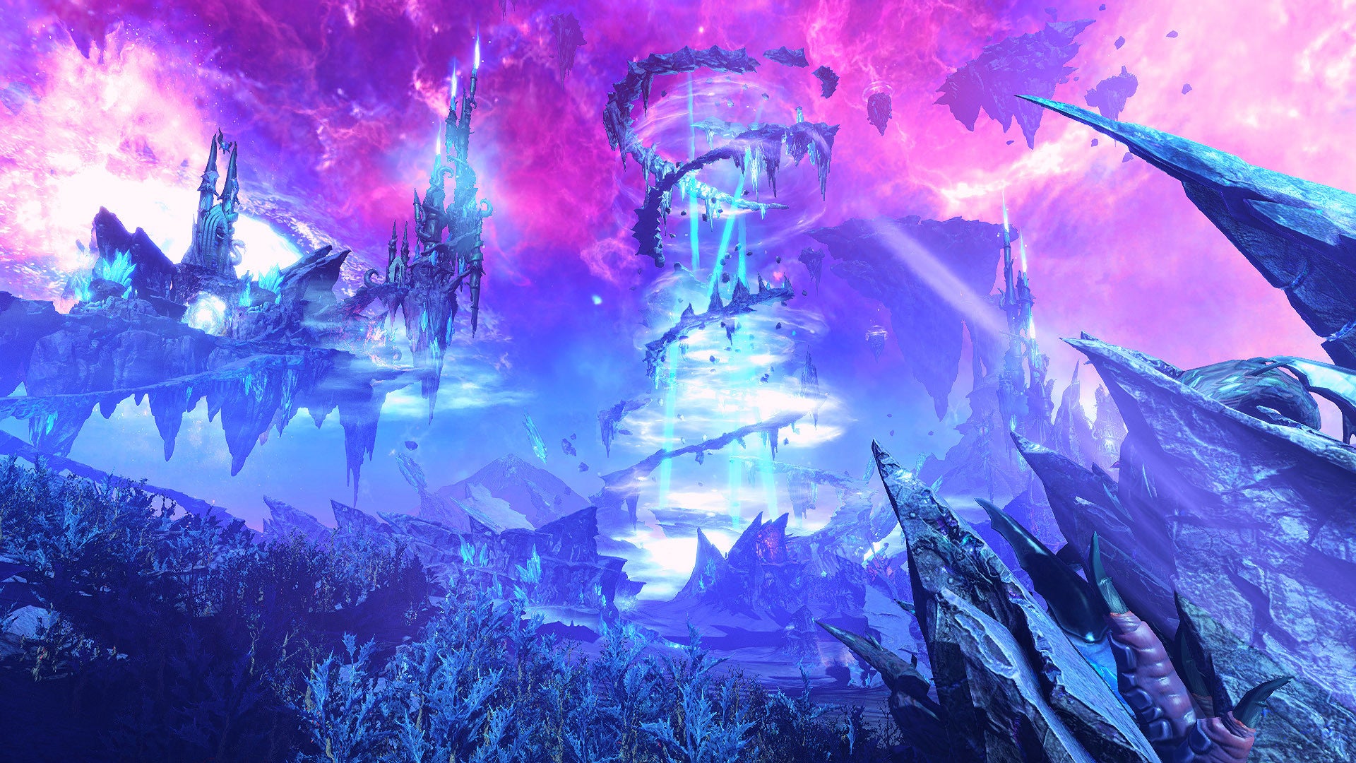 2022 best games Total War Warhammer 3 - a blue-purple landscape with jagged rocks in front of a great light blue column of magic and a bright pink sky