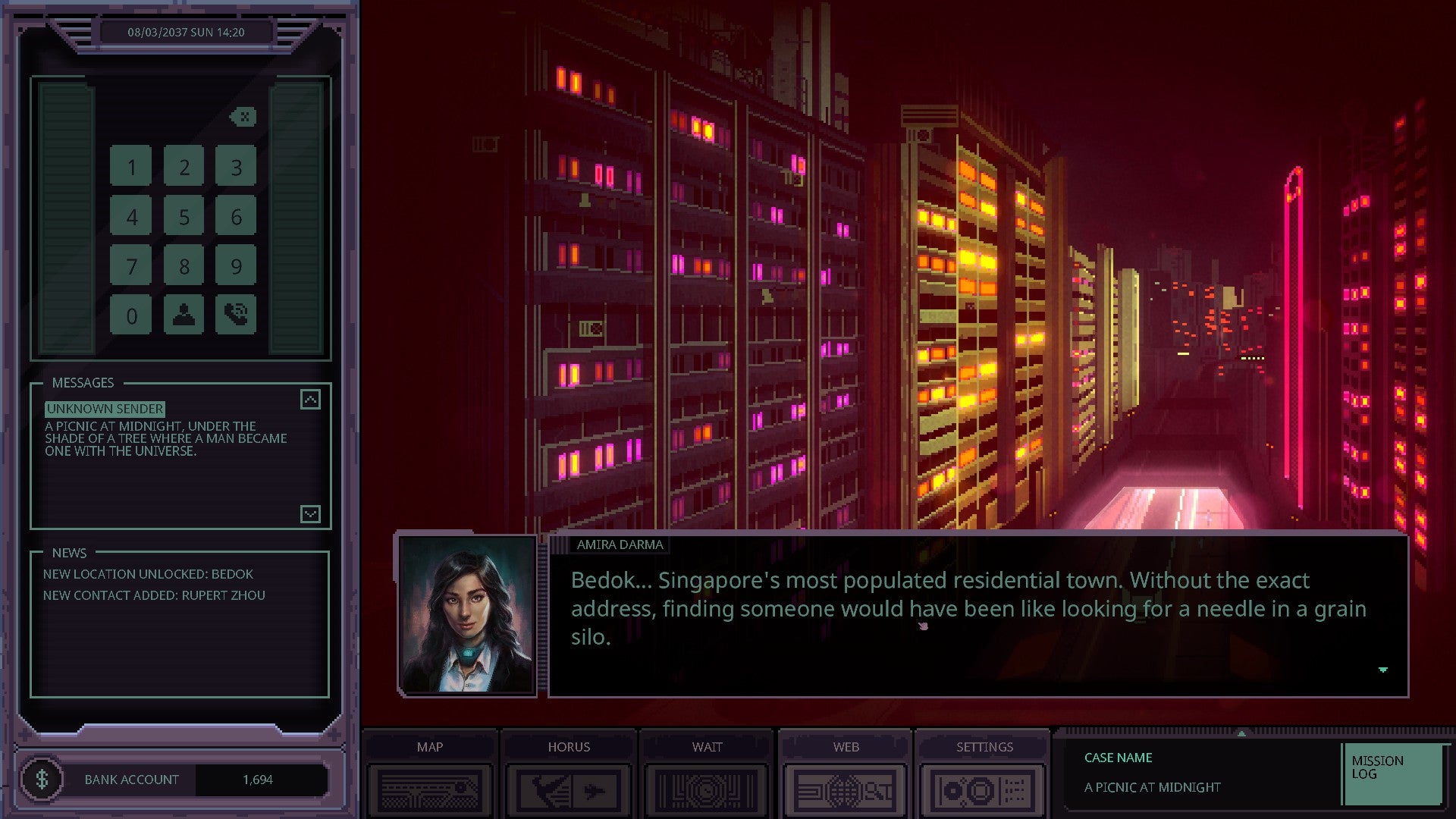 The Chinatown Detective Agency is reviewing screenshots showing the game's left-aligned UI overlay, pixel-art center pane, cyber-noir vistas, and snapshots of detective dialogue.