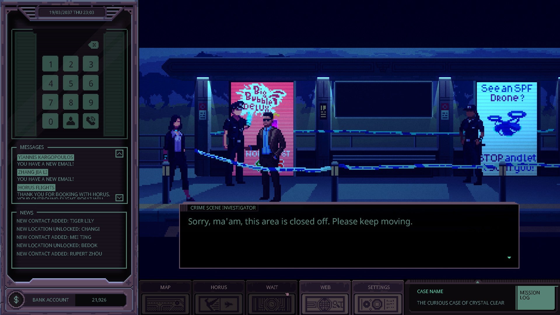 The Chinatown Detective Bureau reviewed screenshots depicting the game's left-aligned UI overlay, pixel art center window pane, cyber blackscape, and Detective dialogue snapshots.