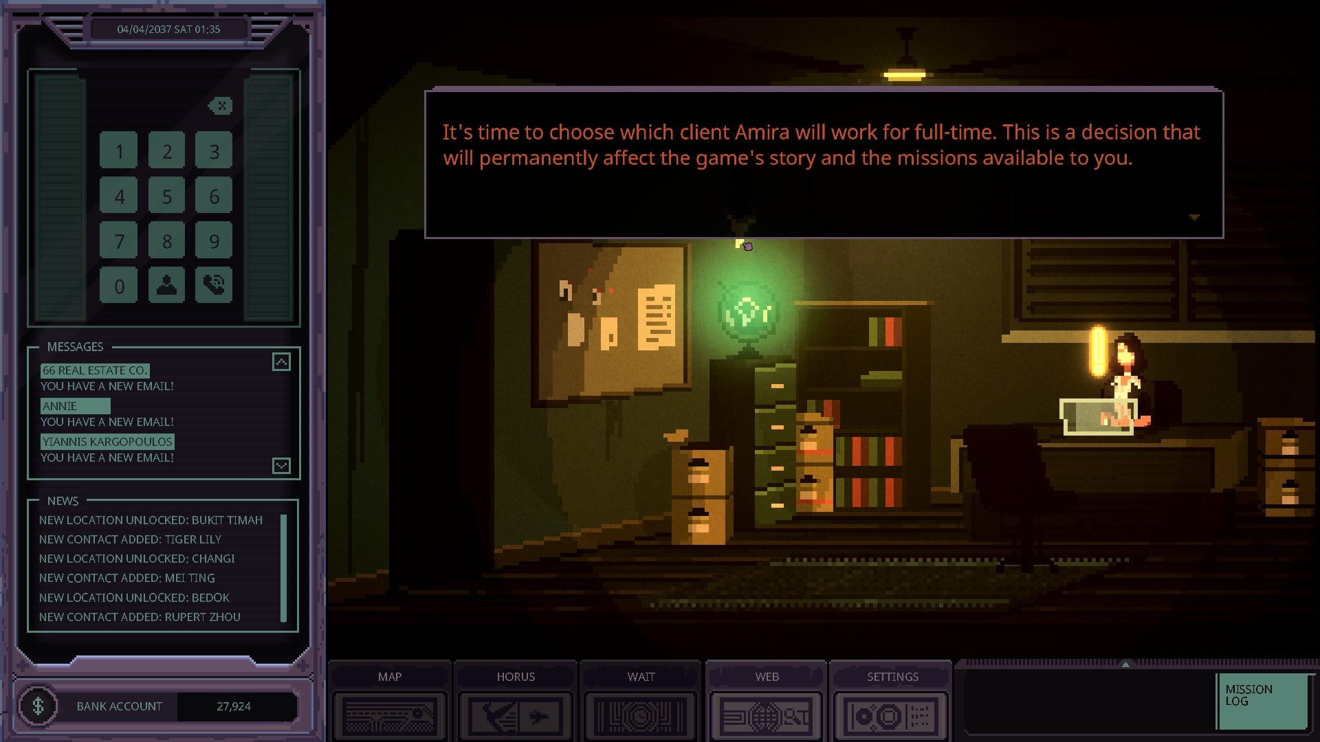 The Chinatown Detective Bureau reviewed screenshots depicting the game's left-aligned UI overlay, pixel art center window pane, cyber blackscape, and Detective dialogue snapshots.