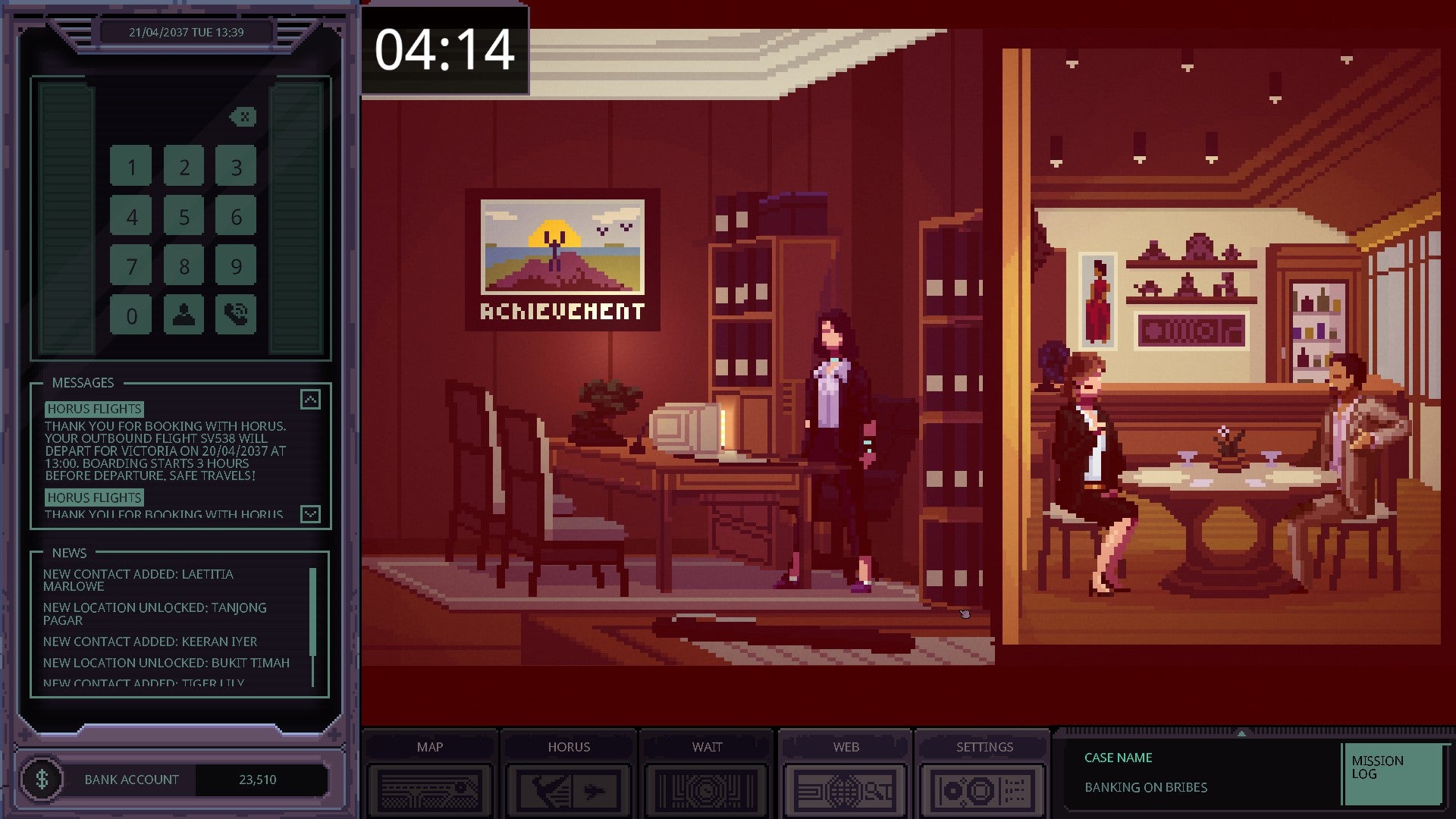 Chinatown Detective Agency review screenshots depicting the game's left-aligned UI overlay, central window pane of pixel-art, cyber-noir vistas, and snapshots of detective dialogue.
