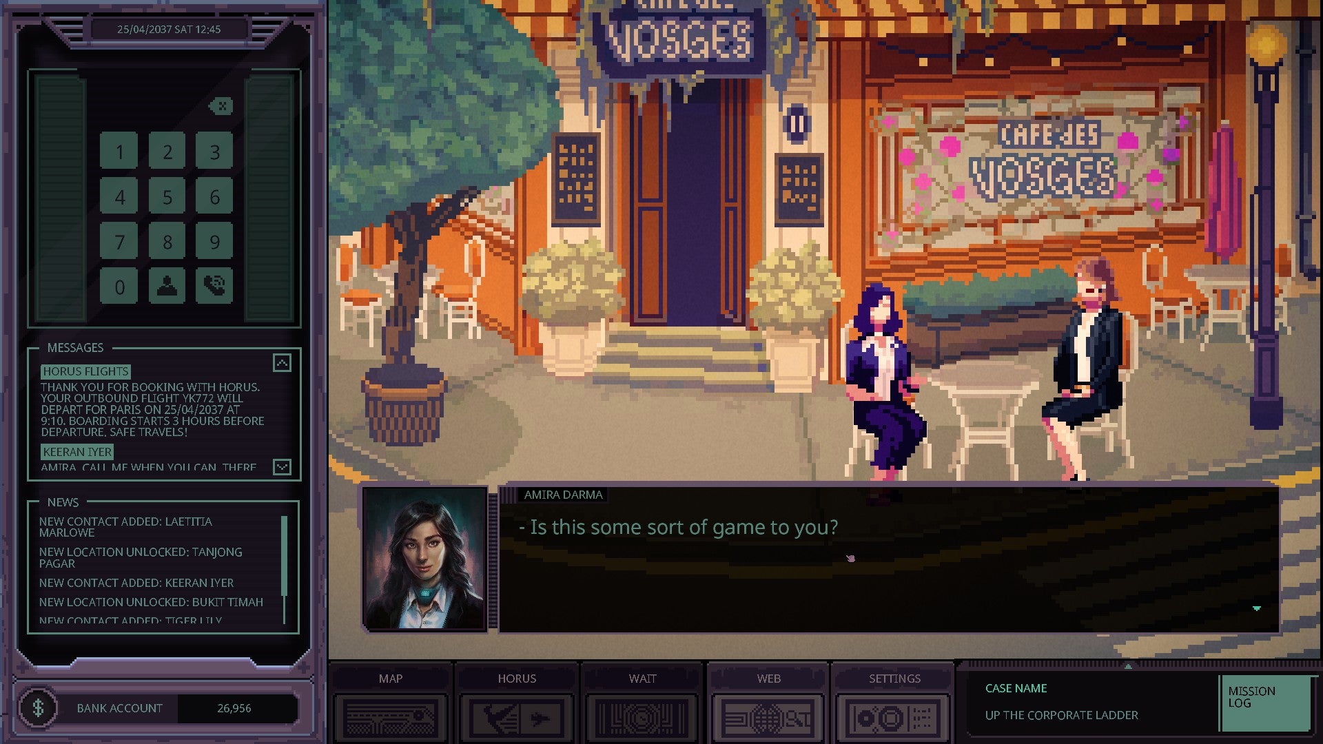 The Chinatown Detective Agency is reviewing screenshots showing the game's left-aligned UI overlay, pixel-art center pane, cyber-noir vistas, and snapshots of detective dialogue.