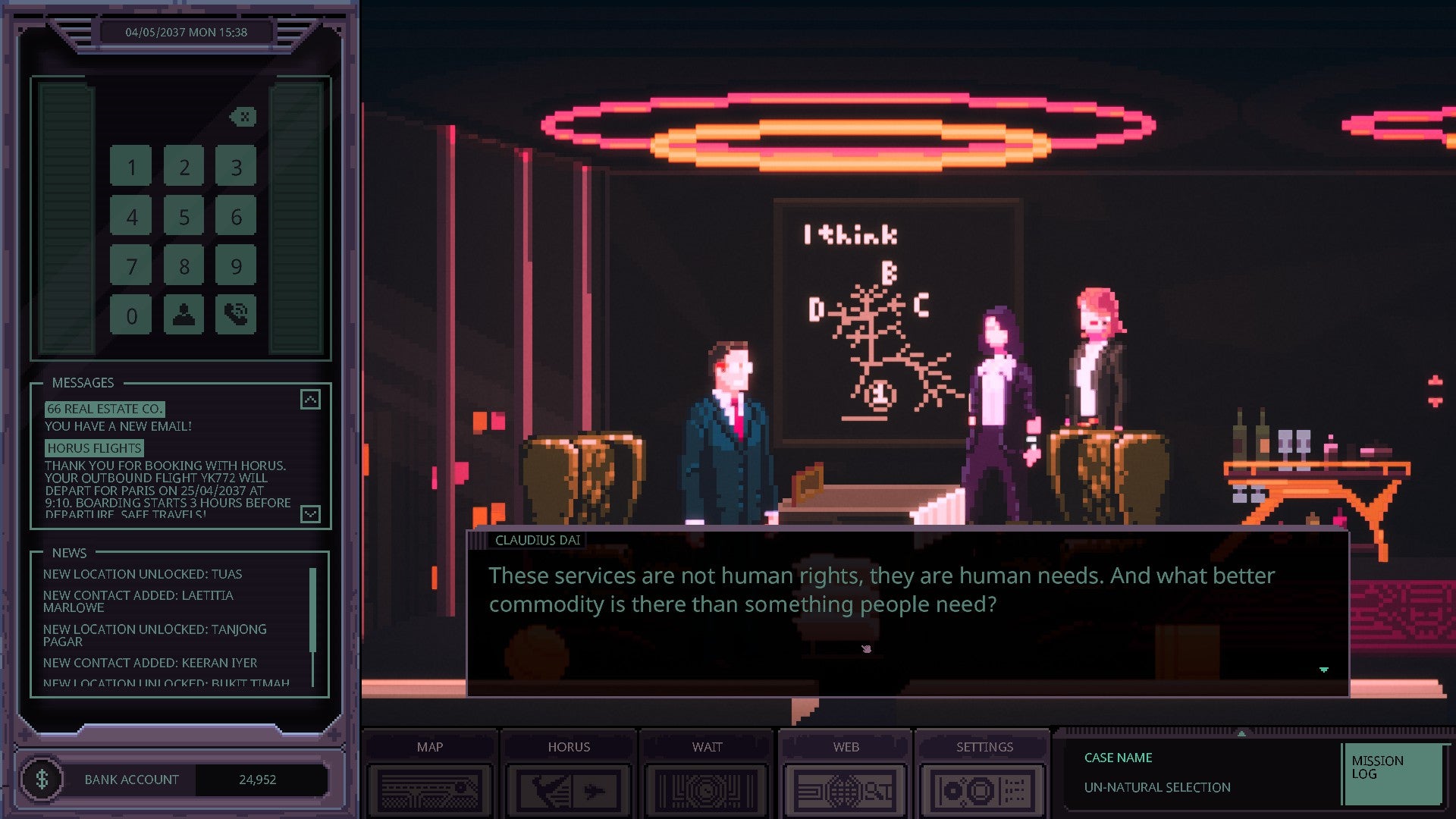 The Chinatown Detective Bureau reviewed screenshots depicting the game's left-aligned UI overlay, pixel art center window pane, cyber blackscape, and Detective dialogue snapshots.