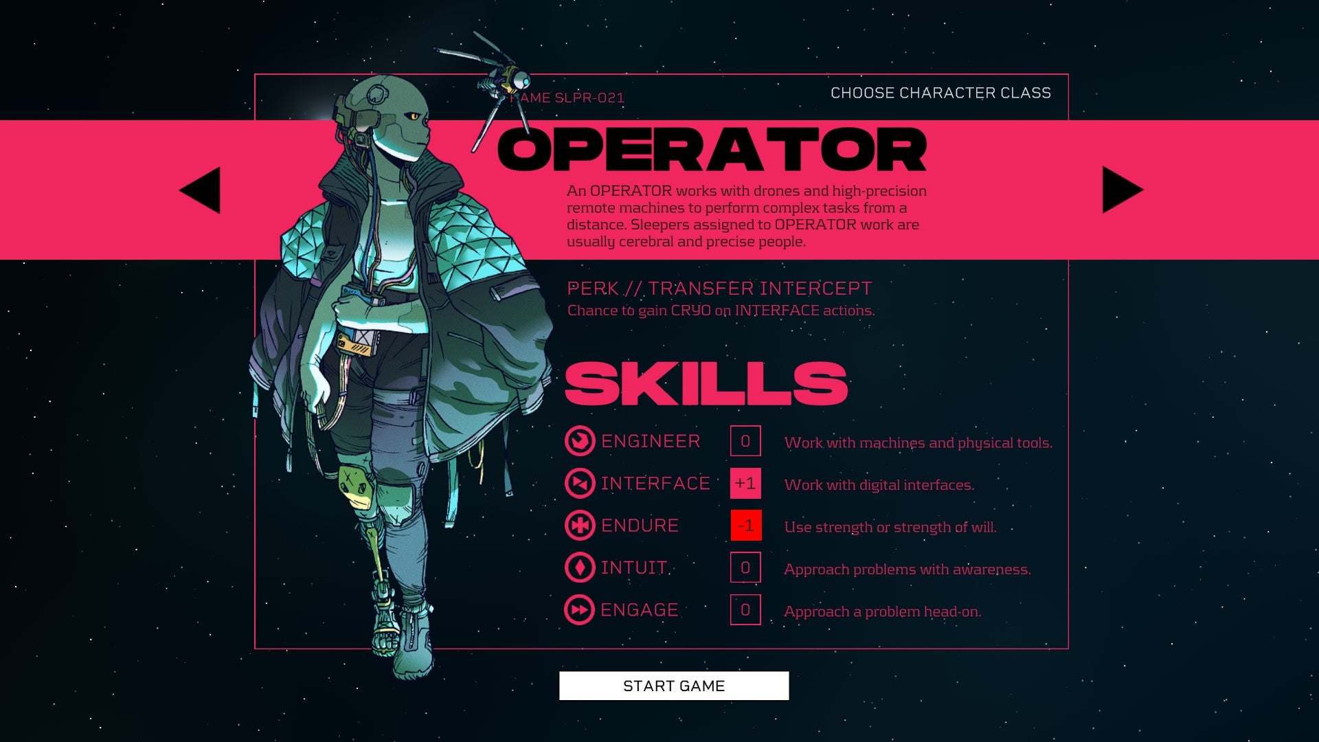 Citizen Sleeper review - character sheet for the Operator class. Character art on the left, skills on the right, with boosts to Interface and reduction to Endure.
