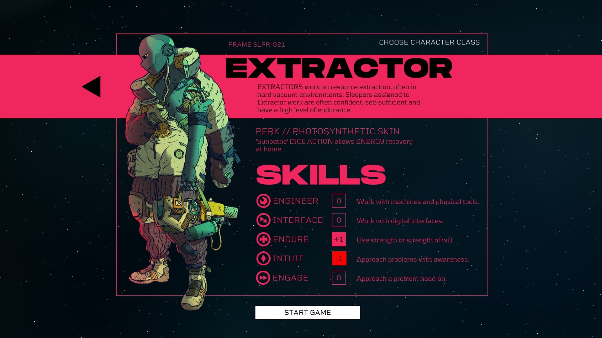 Citizen Sleeper review - character sheet for Extractor class, with boost to Endure and reduction to Intuit skills displayed on the right, character art on left.