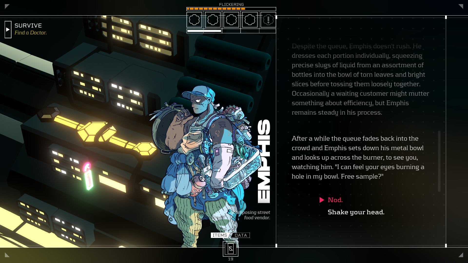 Citizen Sleeper review - dialogue with a chef called Emphis, character art of a large man on the left, dialogue on the right as he offers you a free sample of food.