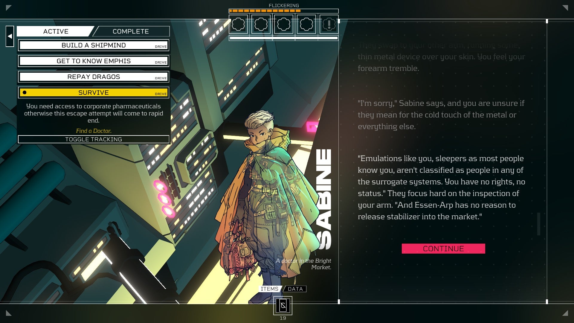 Citizen Sleeper review - dialogue with a doctor called Sabine, their character art left, dialogue right as they discuss medicine with you. Top left, your Drives tab is open showing a drive to get medicine from a doctor.
