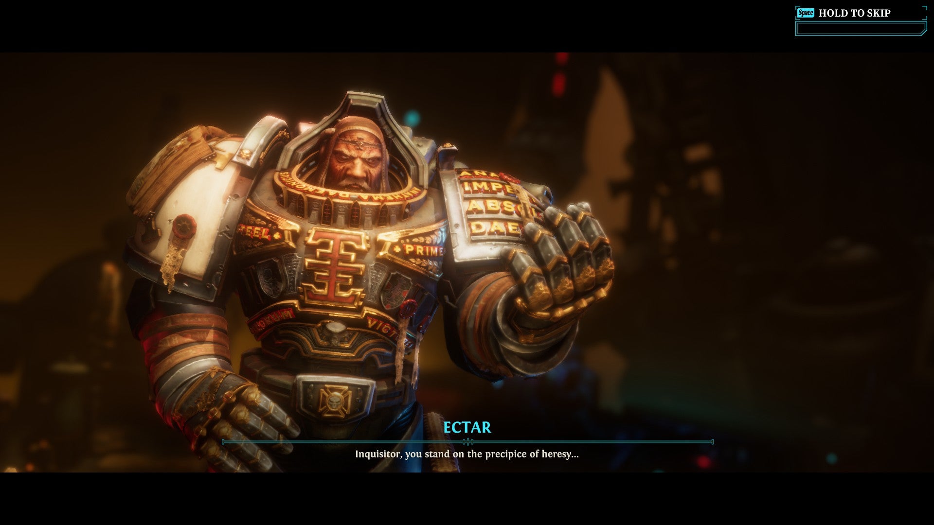 40K Chaos Gate Daemonhunters review - a cutscene shows Ectar in golden armour sternly saying "Inquisitor, you stand on the precipice of heresy..."