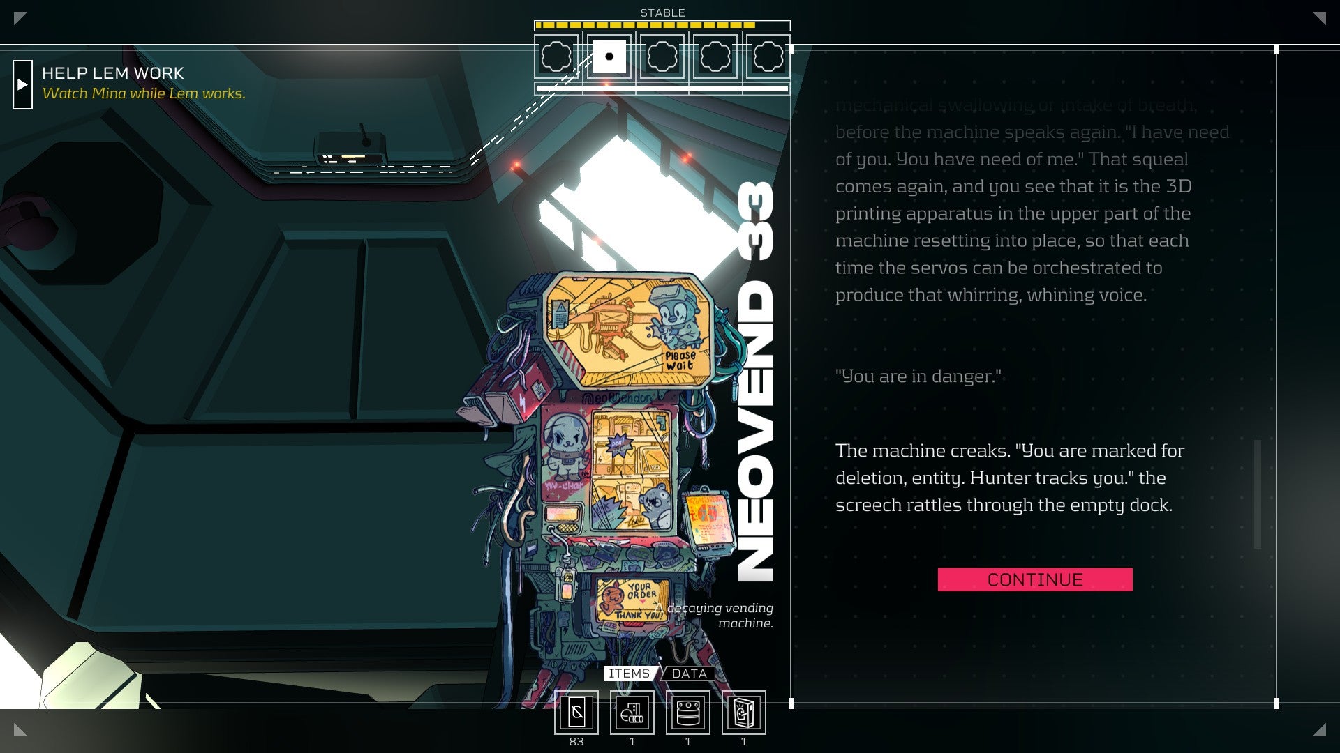 Citizen Sleeper review - Dialogue with an AI of sorts called NEOVEND 33, a kind of haunted vending machine.