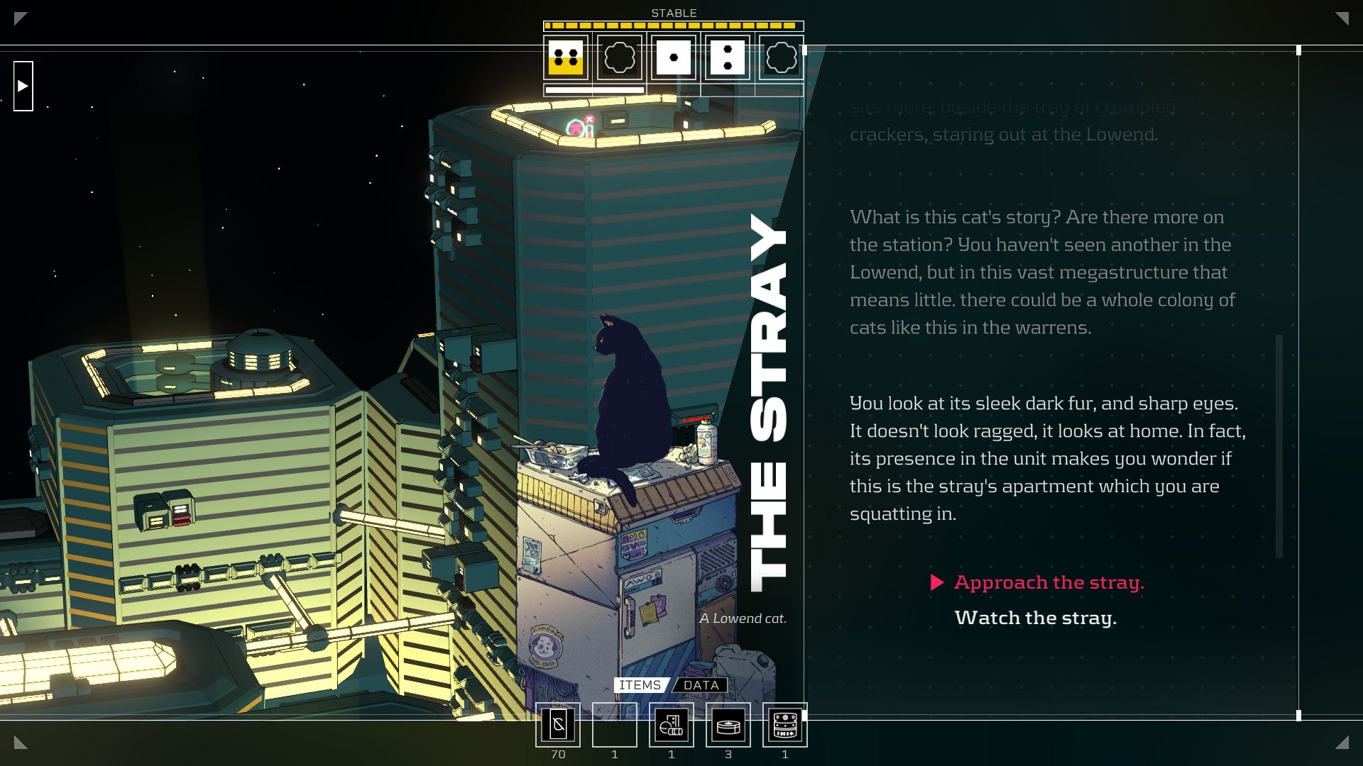 Citizen Sleeper review - dialogue screen with a cat, just known as The Stray, and a choice to approach it or stay away.