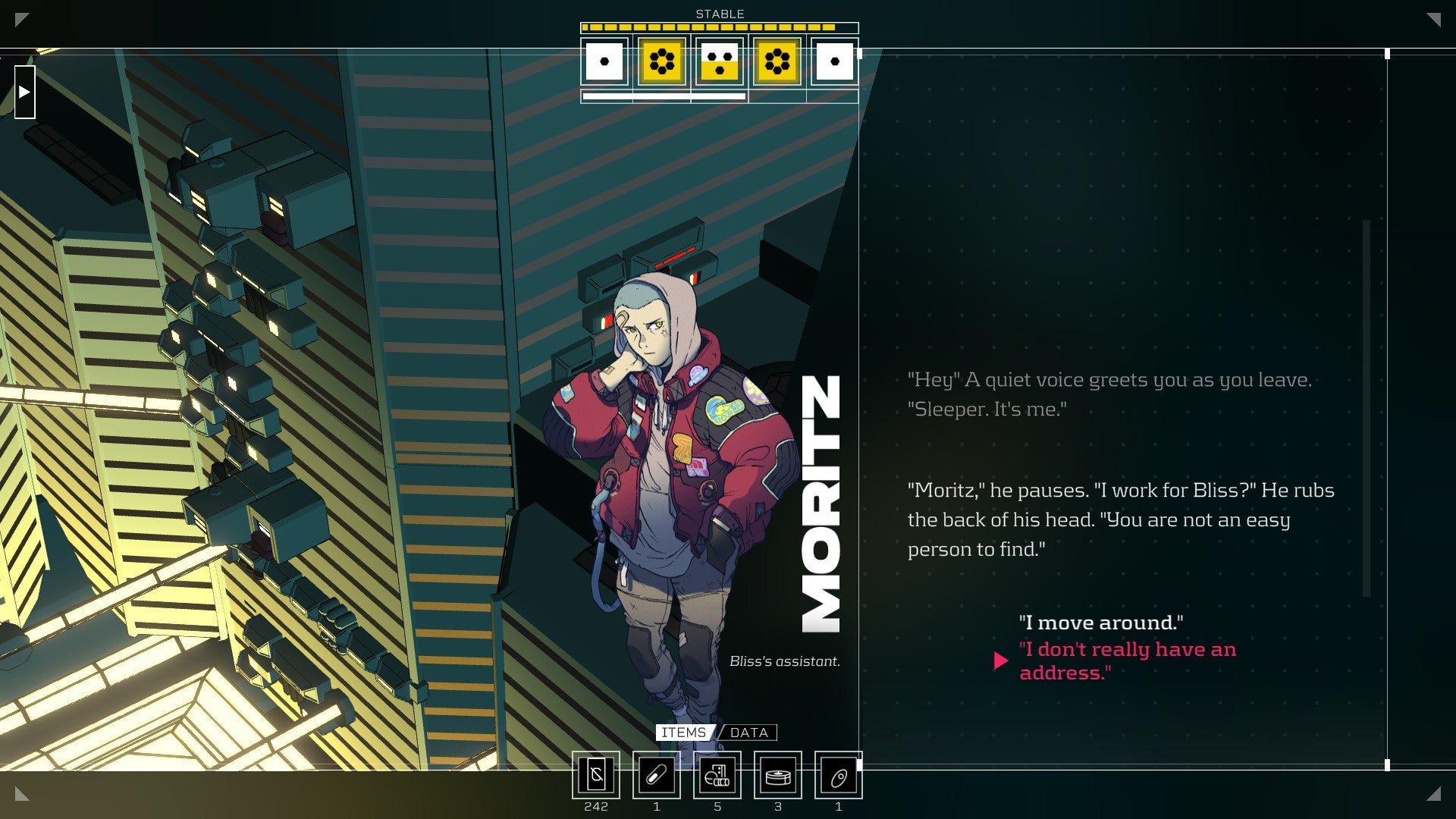 Citizen Sleeper review - dialogue with a shy-looking character called Moritz, art on the left, dialogue on the right, discussing where you live, you opt to say "I don't really have an address."