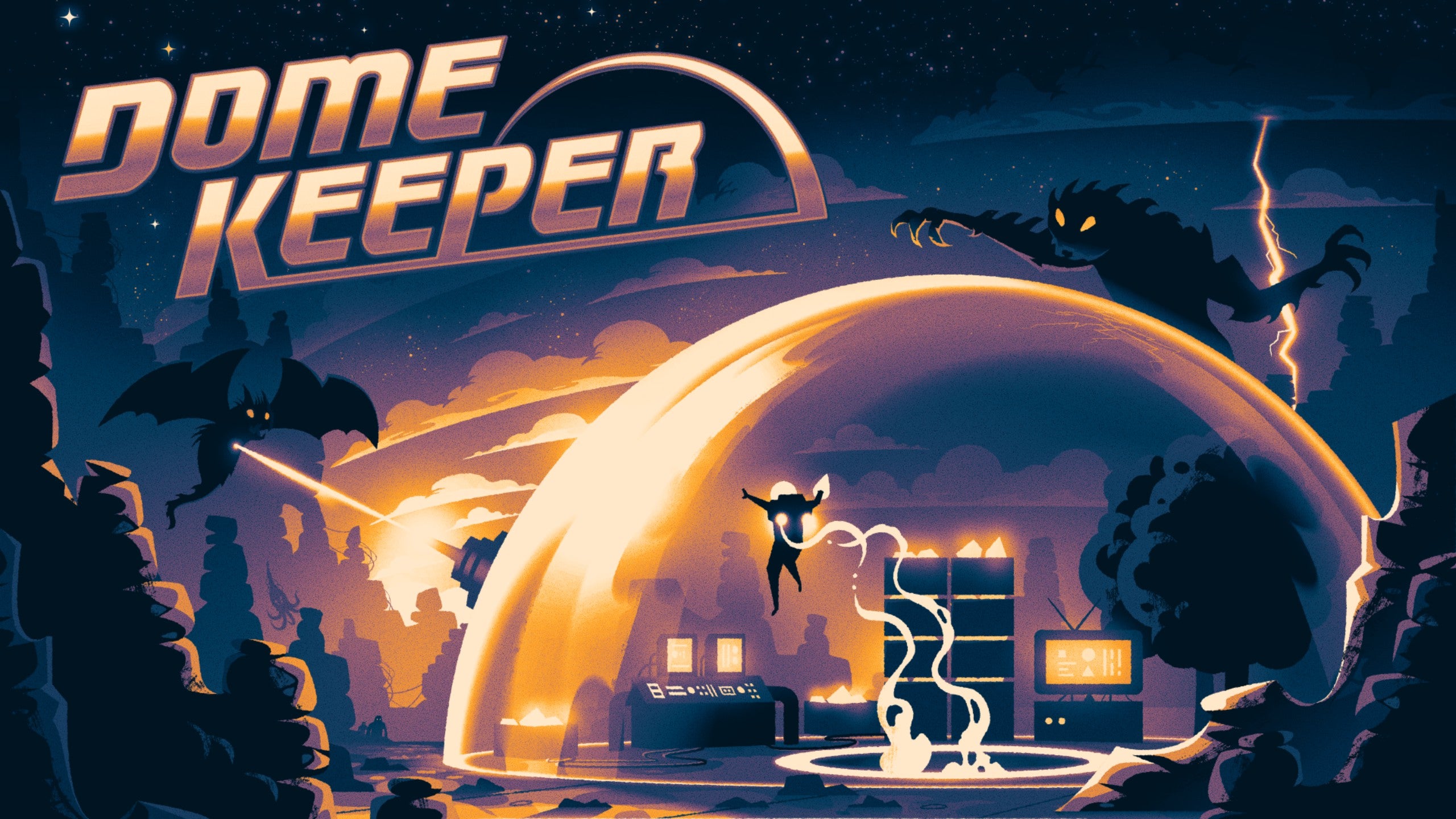 The Dome Keeper title screen.  Shadowy monsters attack a glass-domed space base.