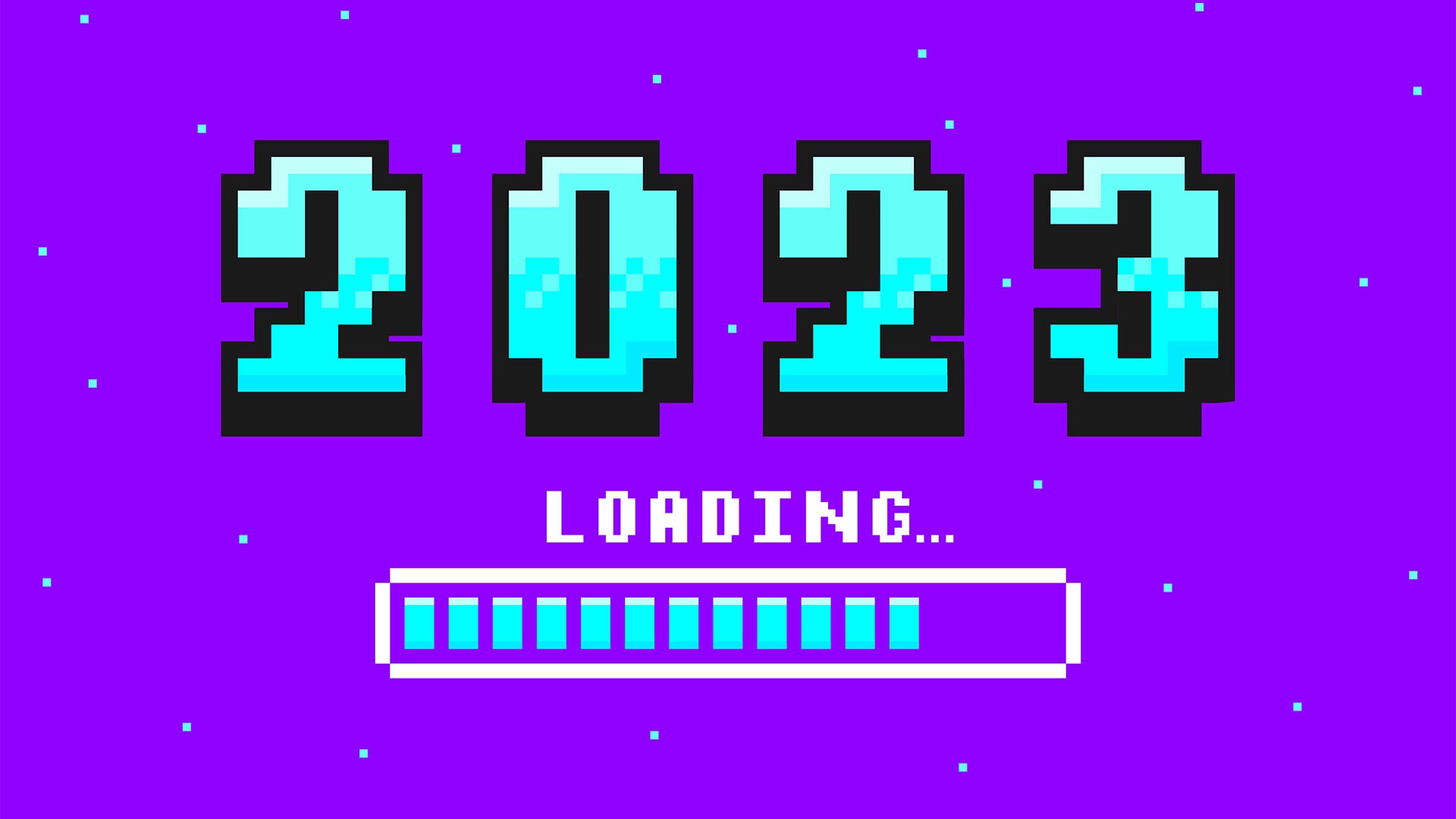 2023 displayed in a pixelated font with a retro loading bar underneath.