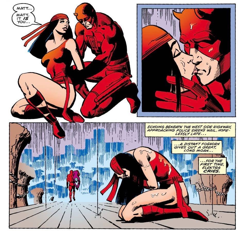 Elektra and Daredevil reunite (art by Frank MIller and Klaus Janson)