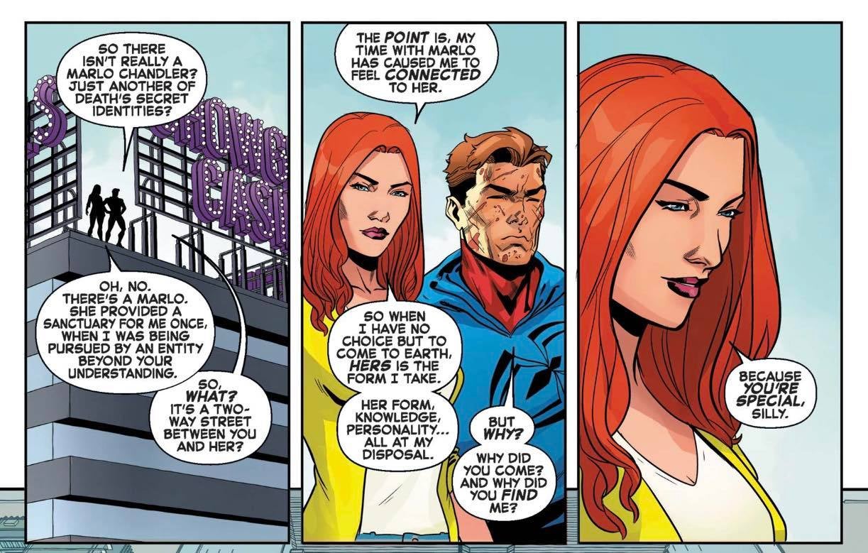 Death explains her relationship with Marlo Chandler in Ben Reilly: Scarlet Spider #7 (art by Will Sliney)