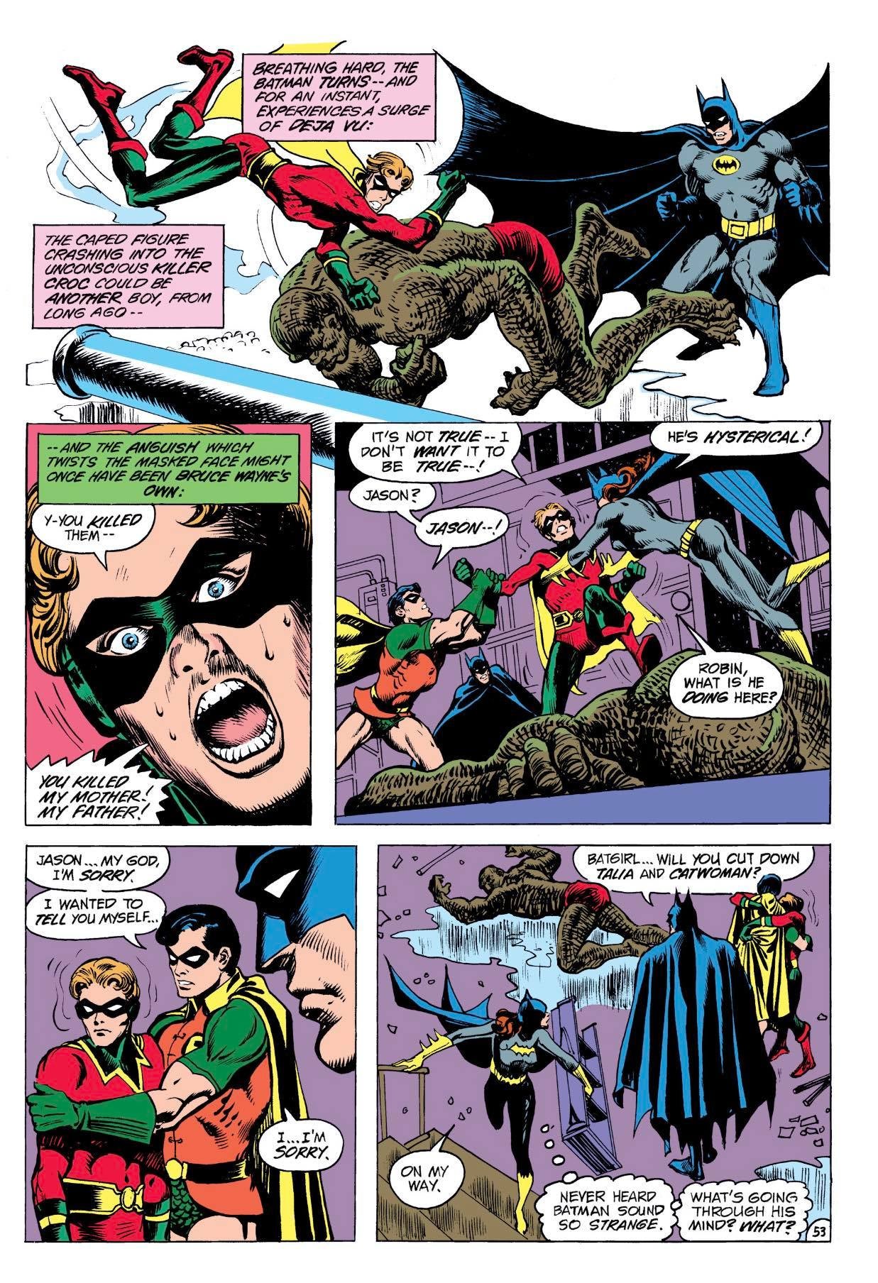 Jason Todd discovers that Killer Croc murdered his parents (art by Don Newton)