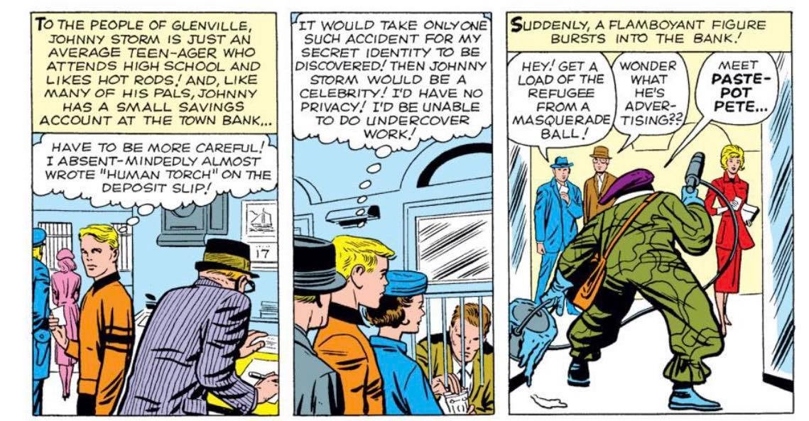 Johnny Storm tries to protect his "secret identity" (as seen in Strange Tales #104)