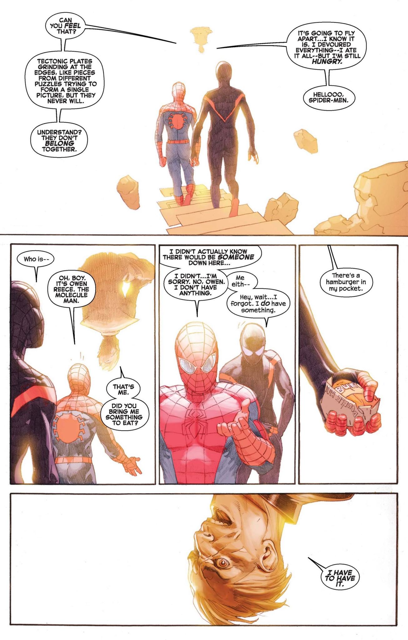 Miles Morales saves the day with a cheeseburger (Secret Wars #6)