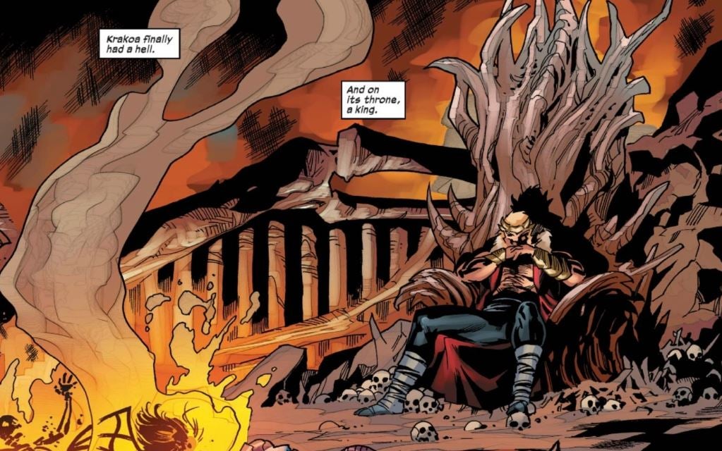 Image of Hell, which says, "Krakoa finally had a hell," and "on its throne, a king." Sabretooth #1