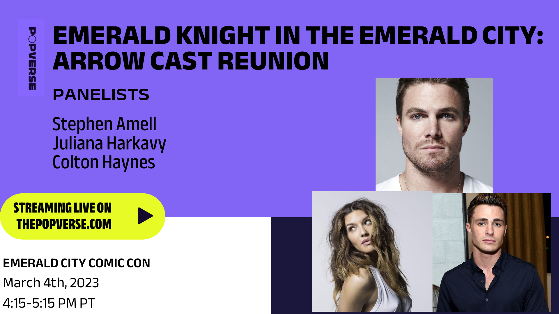 Image for Watch the Arrow cast reunion with Stephen Amell, Juliana Harkavy, and Colton Haynes live from ECCC '23