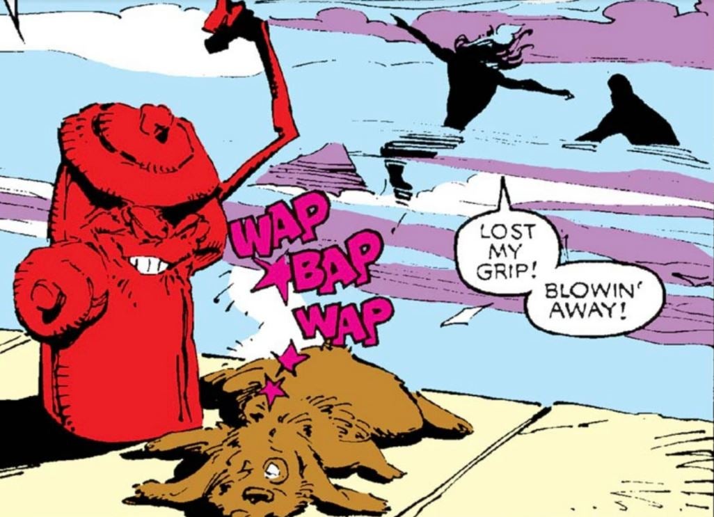 Uncanny X-Men #240 by Chris Claremont, Maarc Silvestri, Dan Green, Tom Orzechowski, and Glynis Oliver: Firehydrant wap, bap, waping a dog.