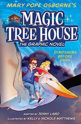 Cover of Dinosaurs Before Dark graphic novel featuring Jack and Annie smiling as they ride a flying dinosaur