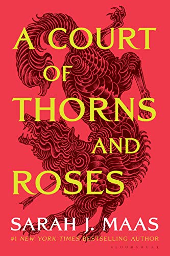 Red book cover with a woodcut image of a wolf. Over the image reads the title A Court of Thorns and Roses in yellow. At the bottom, the author's name Sarah J. Mass in white.