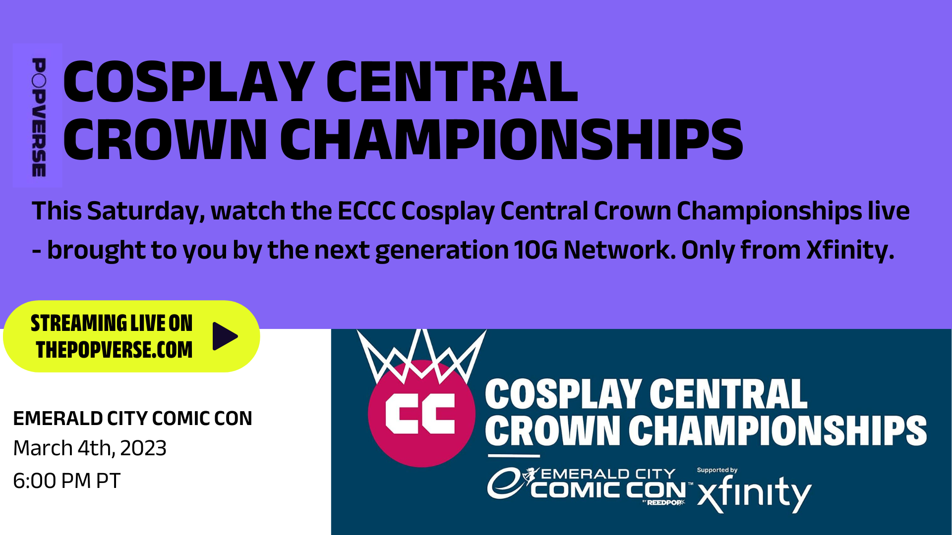 Image for Watch the Cosplay Central Crown Championship free livestream from ECCC '23 courtesy of Xfinity