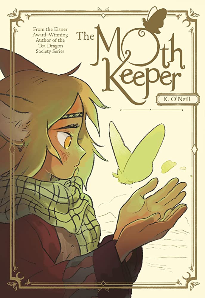 Ilustrated cover of the Moth Keeper featuring a young person with opened palms, looking at a glowing moth
