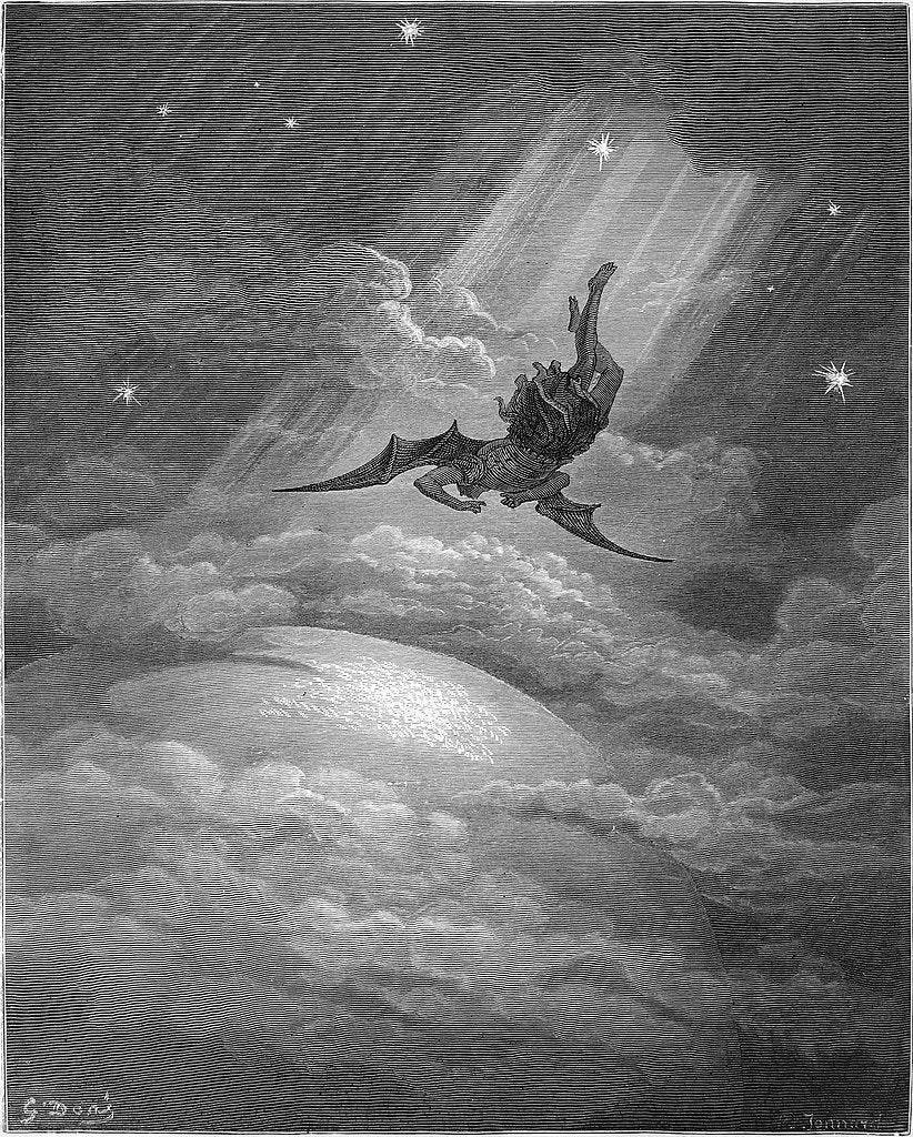 Engraving of Lucifer falling from heaven