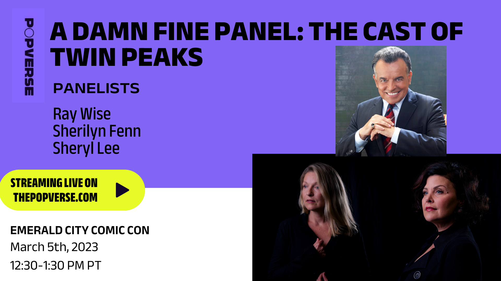 Image for Watch the Twin Peaks panel with Ray Wise, Sherilyn Fenn, Harry Goaz, and Kimmy Robertson live from ECCC '23