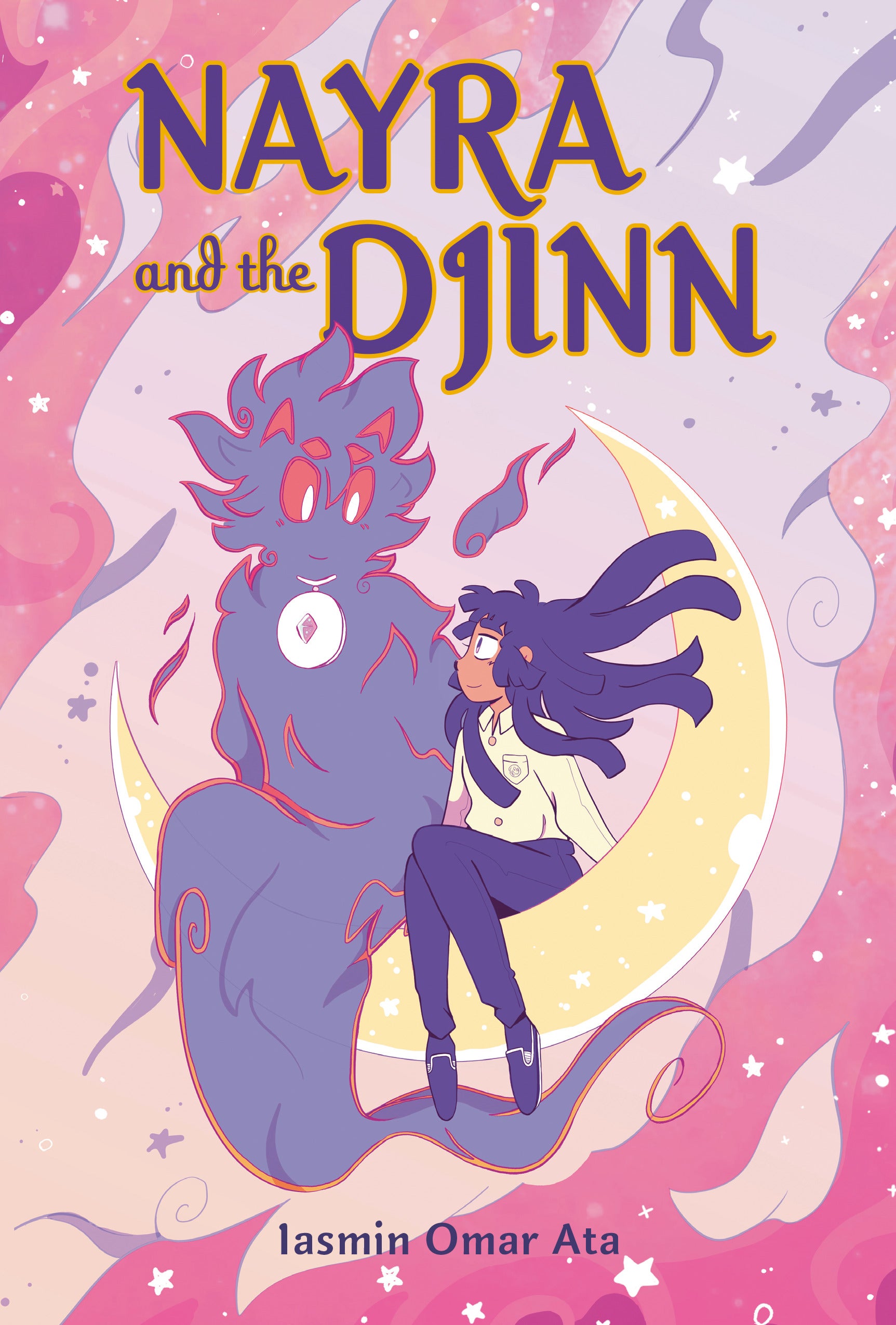 Book cover in pastel colors that reads Nayra and the Djinn and features a girl in a white shirt and purple pants and a large purple djinn sitting on a crescent moon and smiling at each other