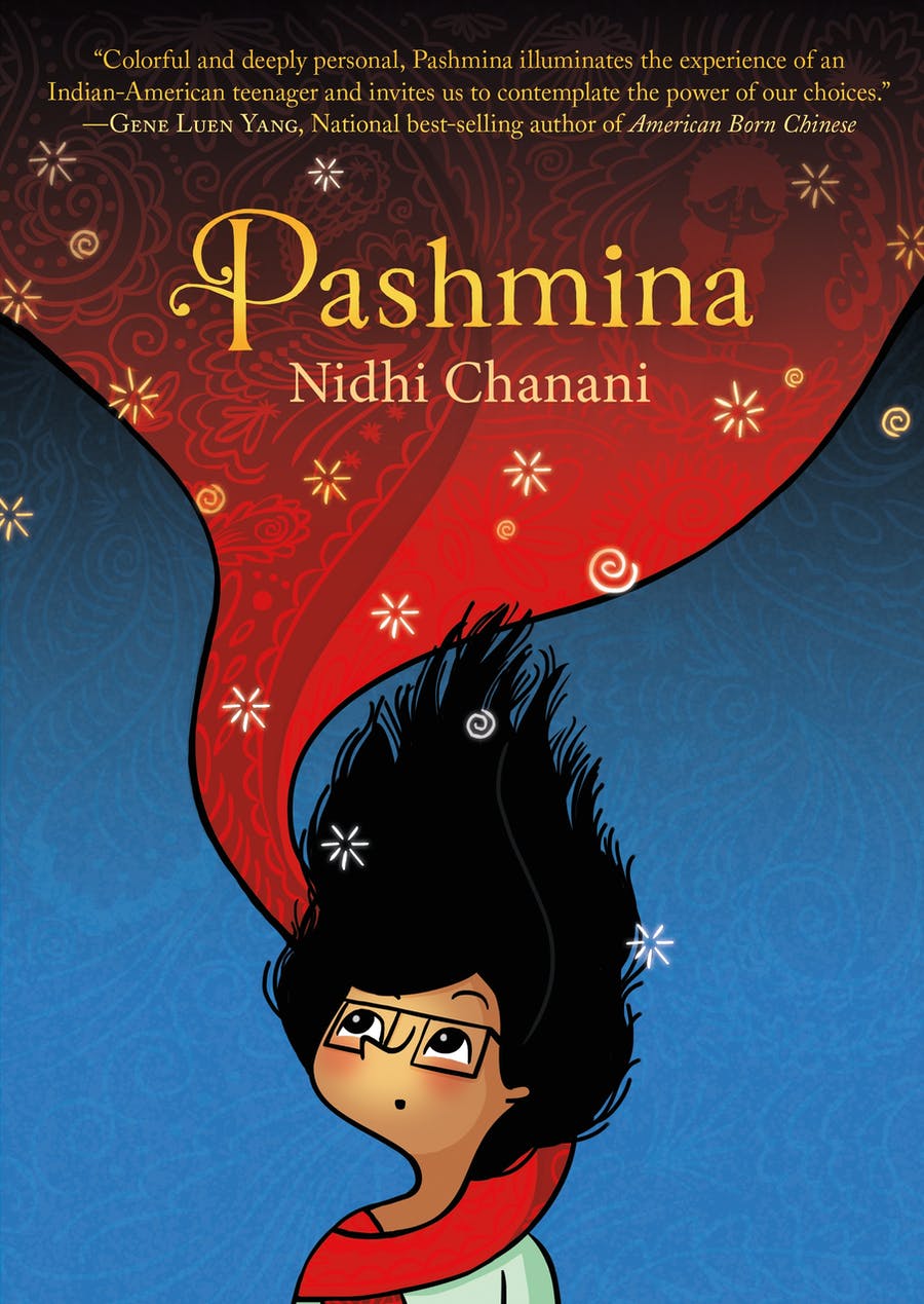 Pashmina by Nidhi Chanani cover art, Priyanka is looking up at her magical pashmina