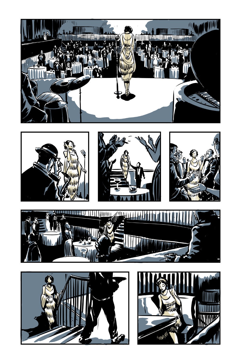 Illustrated comics page inside a bar