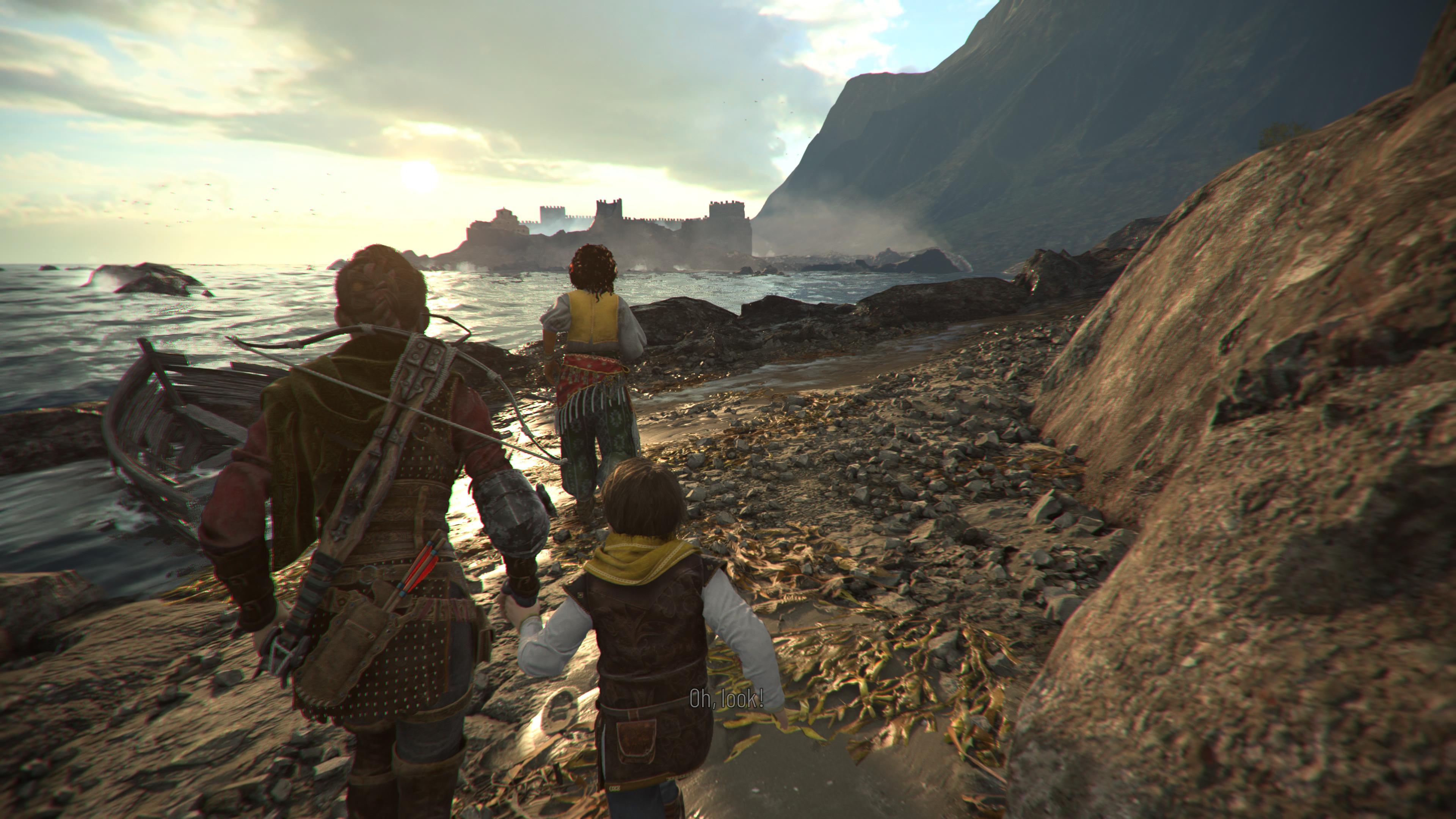 The three characters run around the coast towards a huge fortress on the horizon.