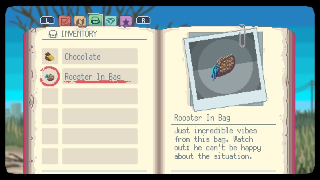 A Space for the Unbound review - in a red journal showing your inventory, an item called Rooster In Bag is displayed with a quip about the 'incredible vibes' coming from it