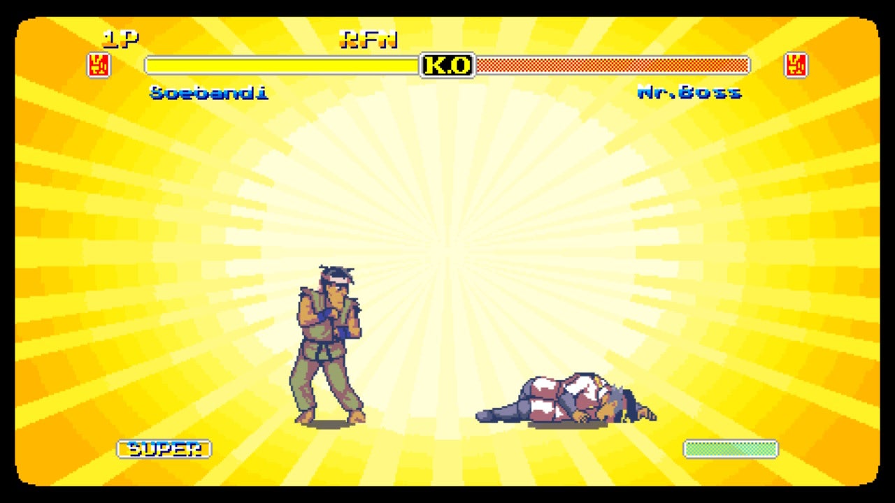 A Space for the Unbound review - in a Street Fighter-style minigame with bright orange-yellow background, an old sensei stands victorious over a KO'd foe