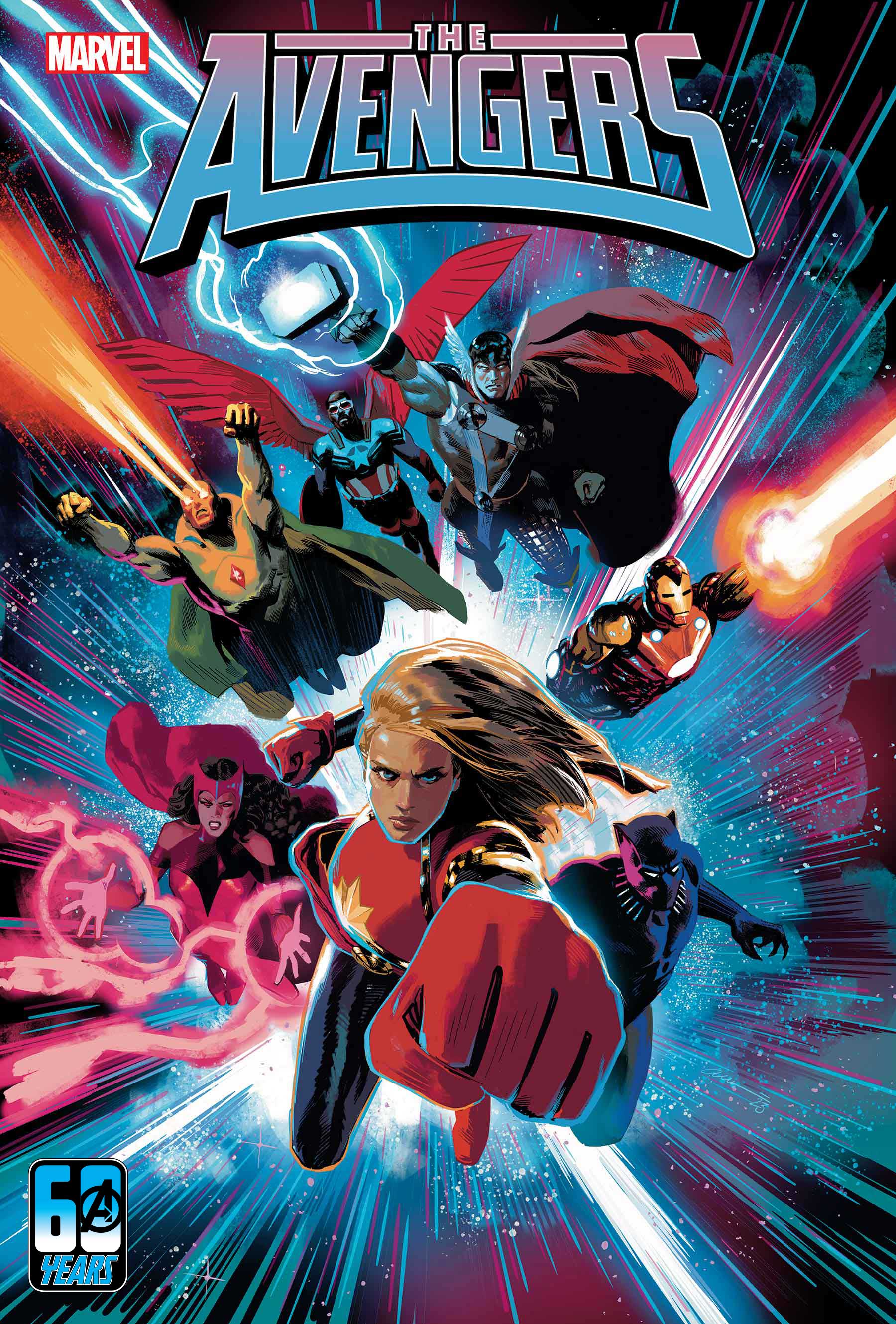 Illustrated comic cover featuring avengers led by Captain Marvel